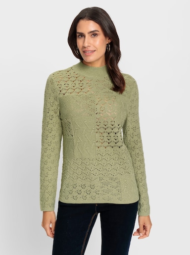 Ajourpullover mit geripptem Stehkragen - schilf-meliert