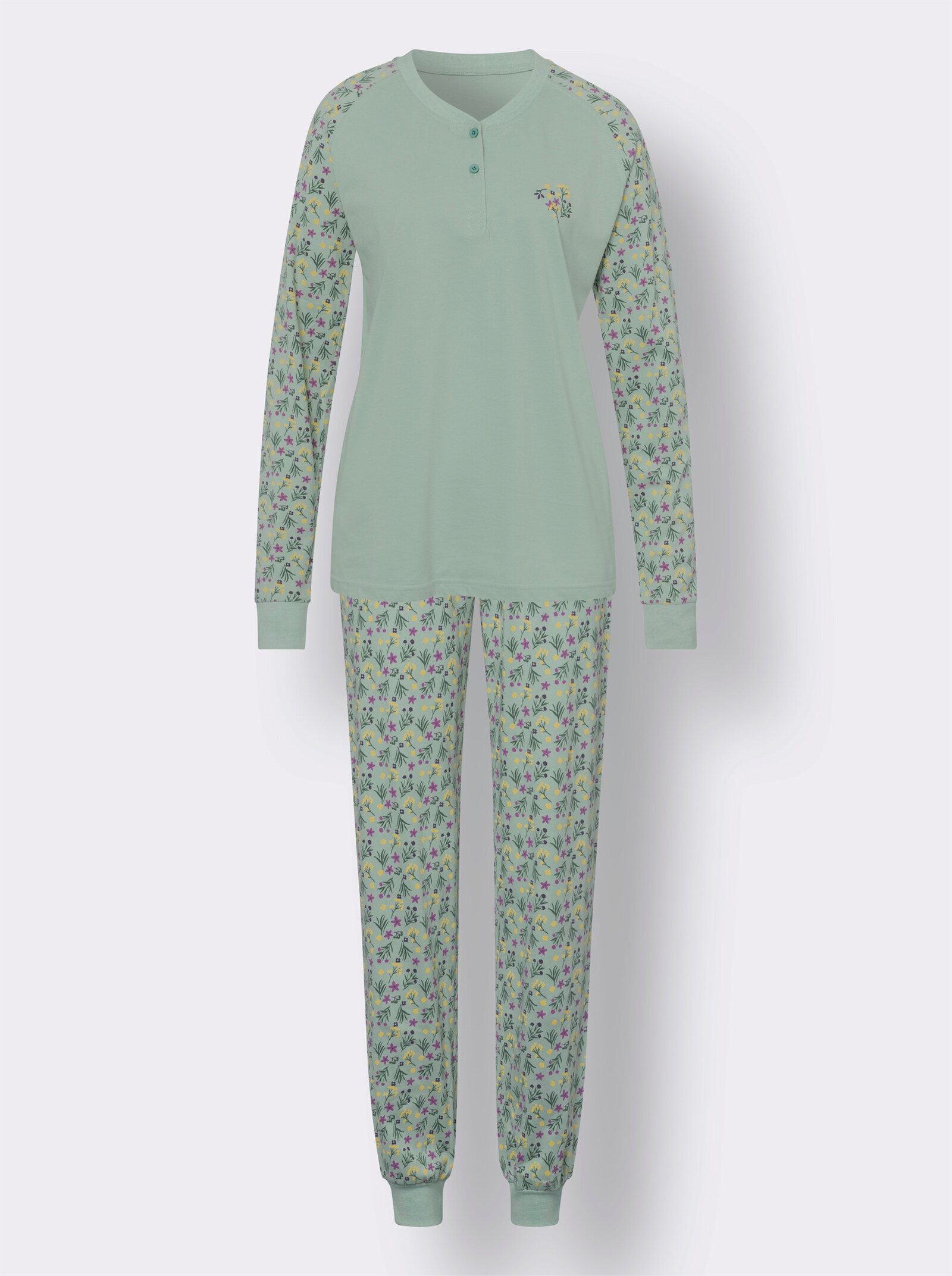 Schlafanzug mit Raglanärmeln - kalkmint-bedruckt