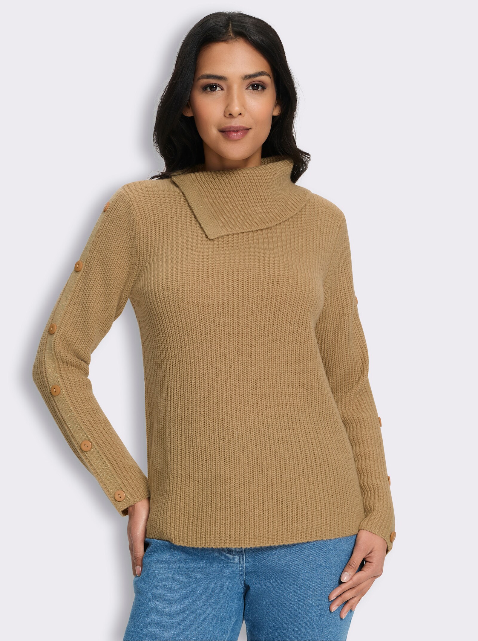 Langarm-Pullover mit asymmetrischem Kragen - camel