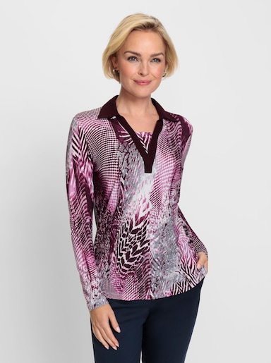 Langarmshirt mit Einsatz am V-Ausschnitt - burgund-steingrau-bedruckt