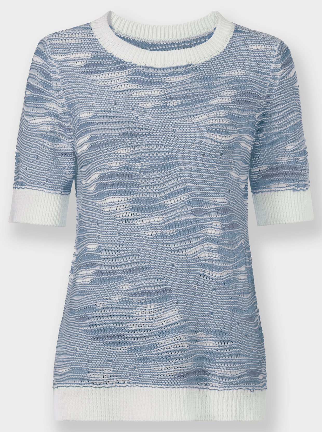 Kurzarmpullover - taubenblau-weiß-gemustert