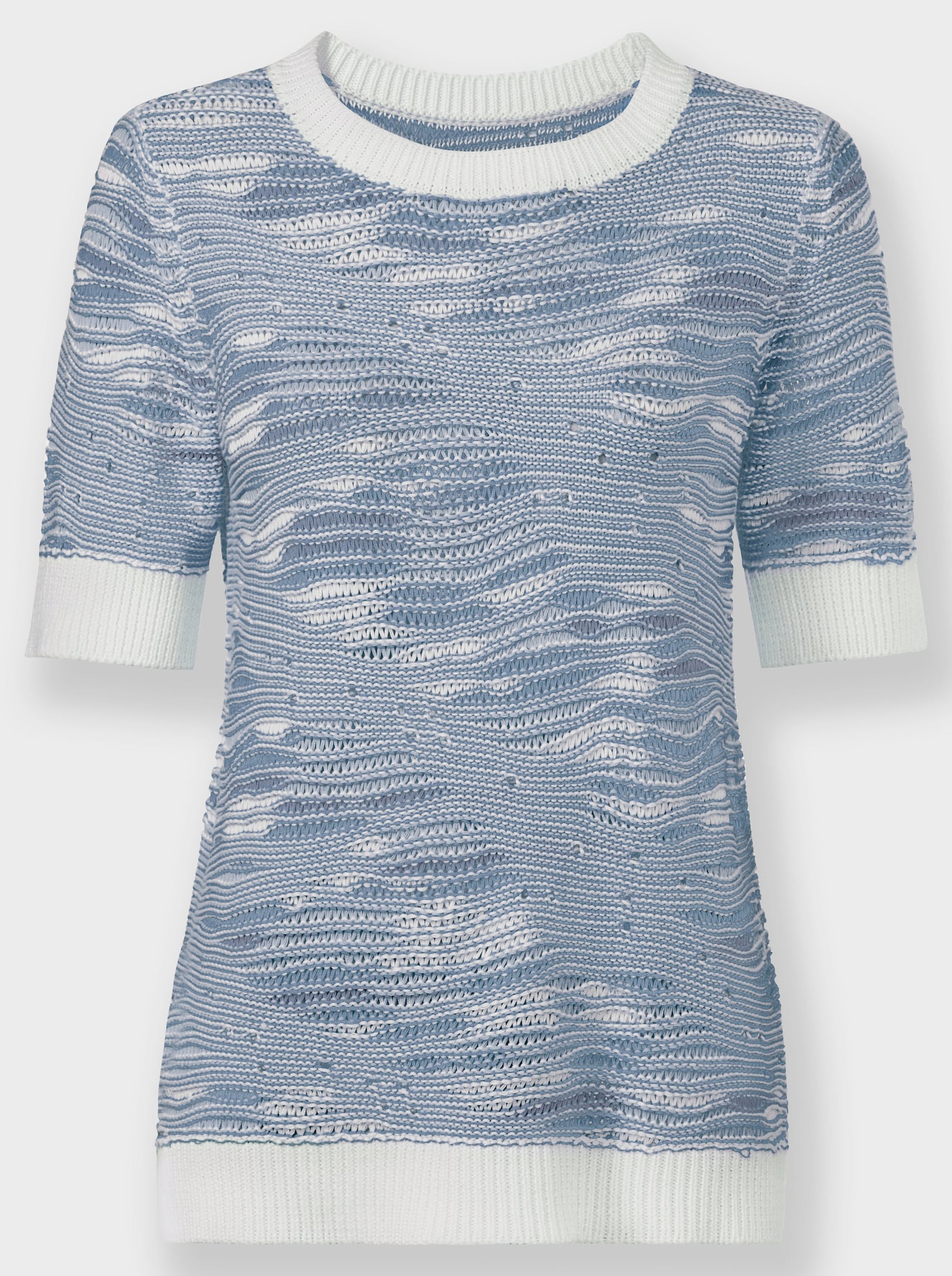 Kurzarmpullover in Jacquard-Strick - taubenblau-weiß-gemustert