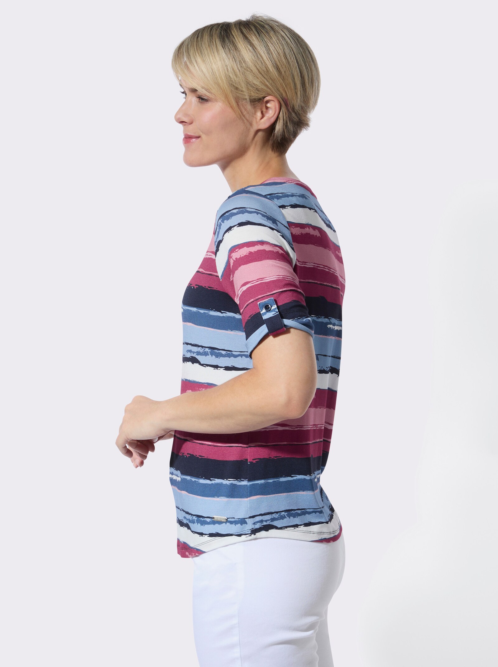 Rundhalsshirt mit kurzer Knopfleiste - rosé-marine-bedruckt