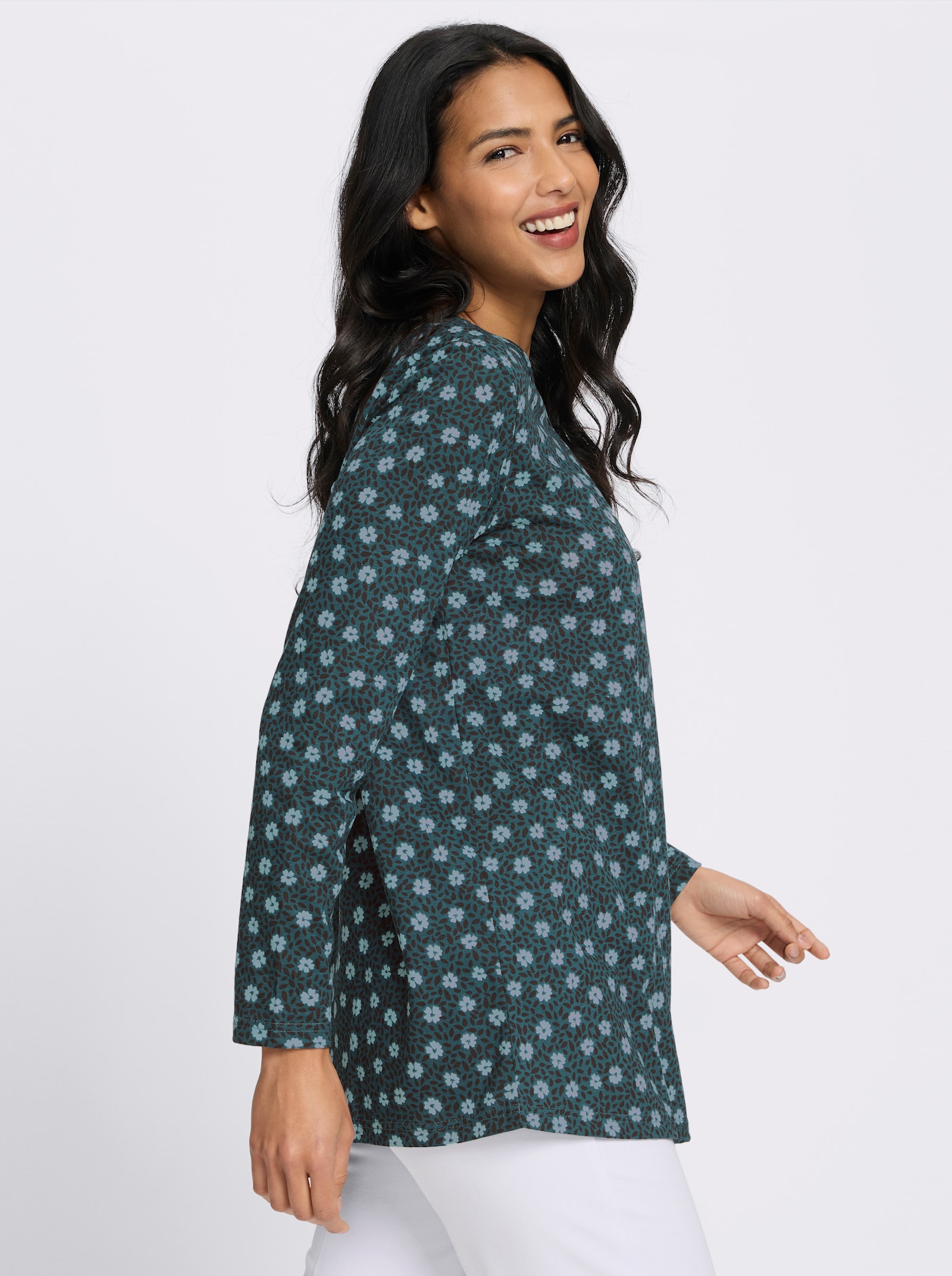 Longshirt in A-Linie - petrol-salbei-bedruckt