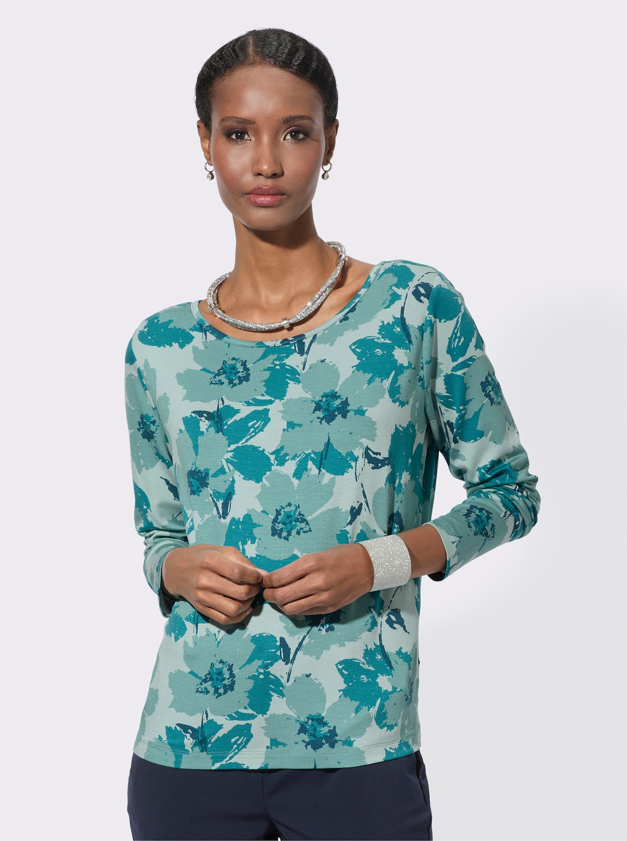 Langarmshirt - mint-aquapetrol-bedruckt