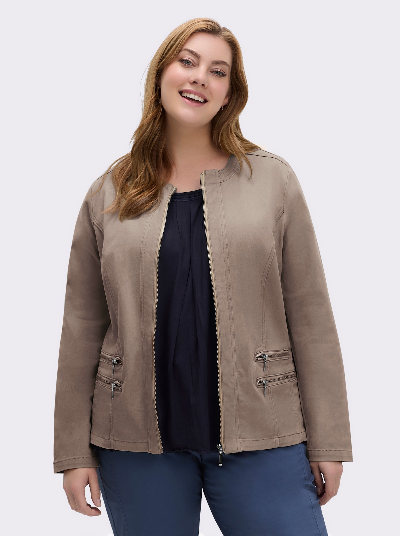 Jeansblazer mit Zier-Reißverschlüssen - taupe