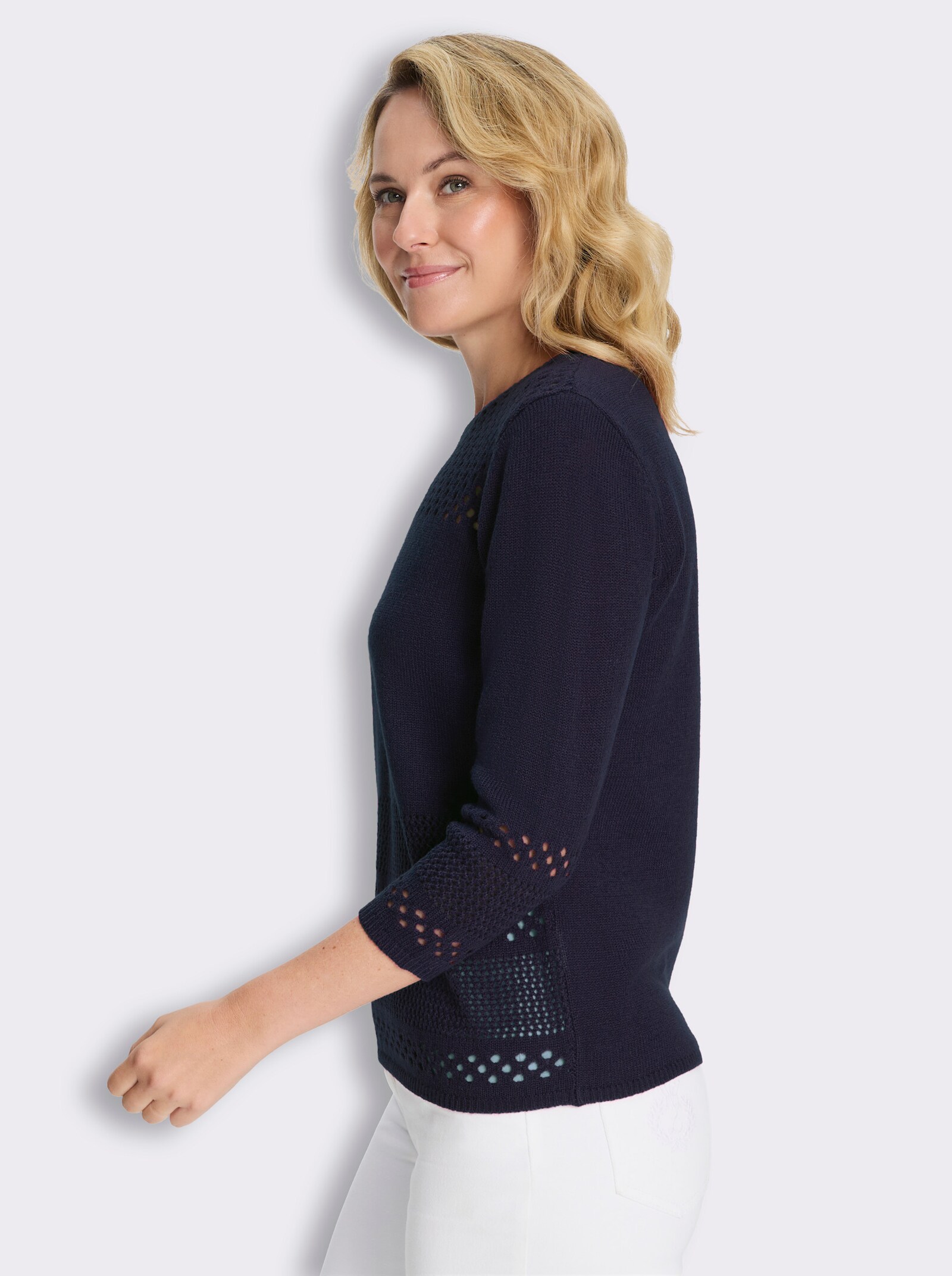 Ajourpullover mit Lochmuster - marine