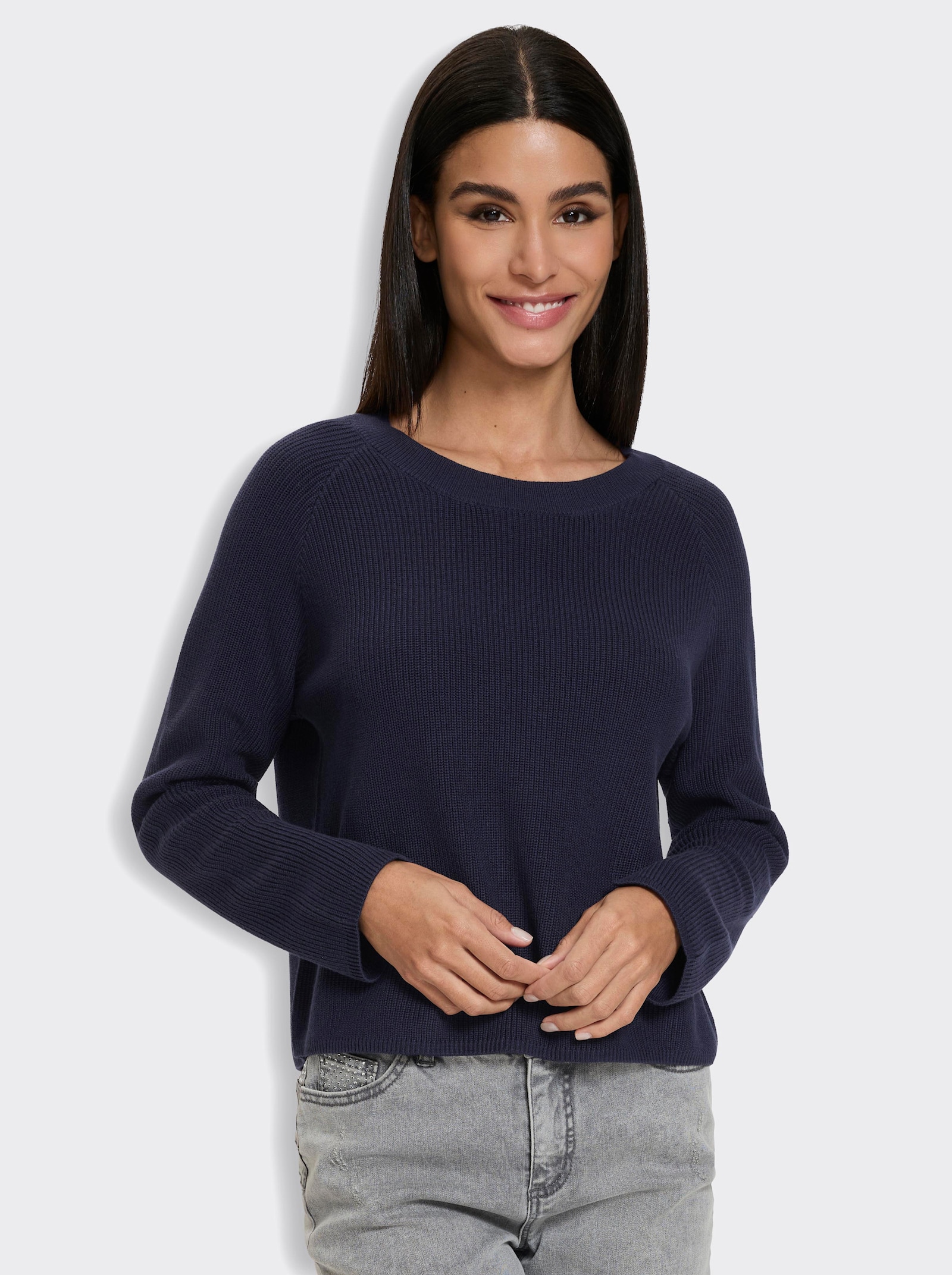heine Langarm-Pullover mit Perlfang-Strick - marine