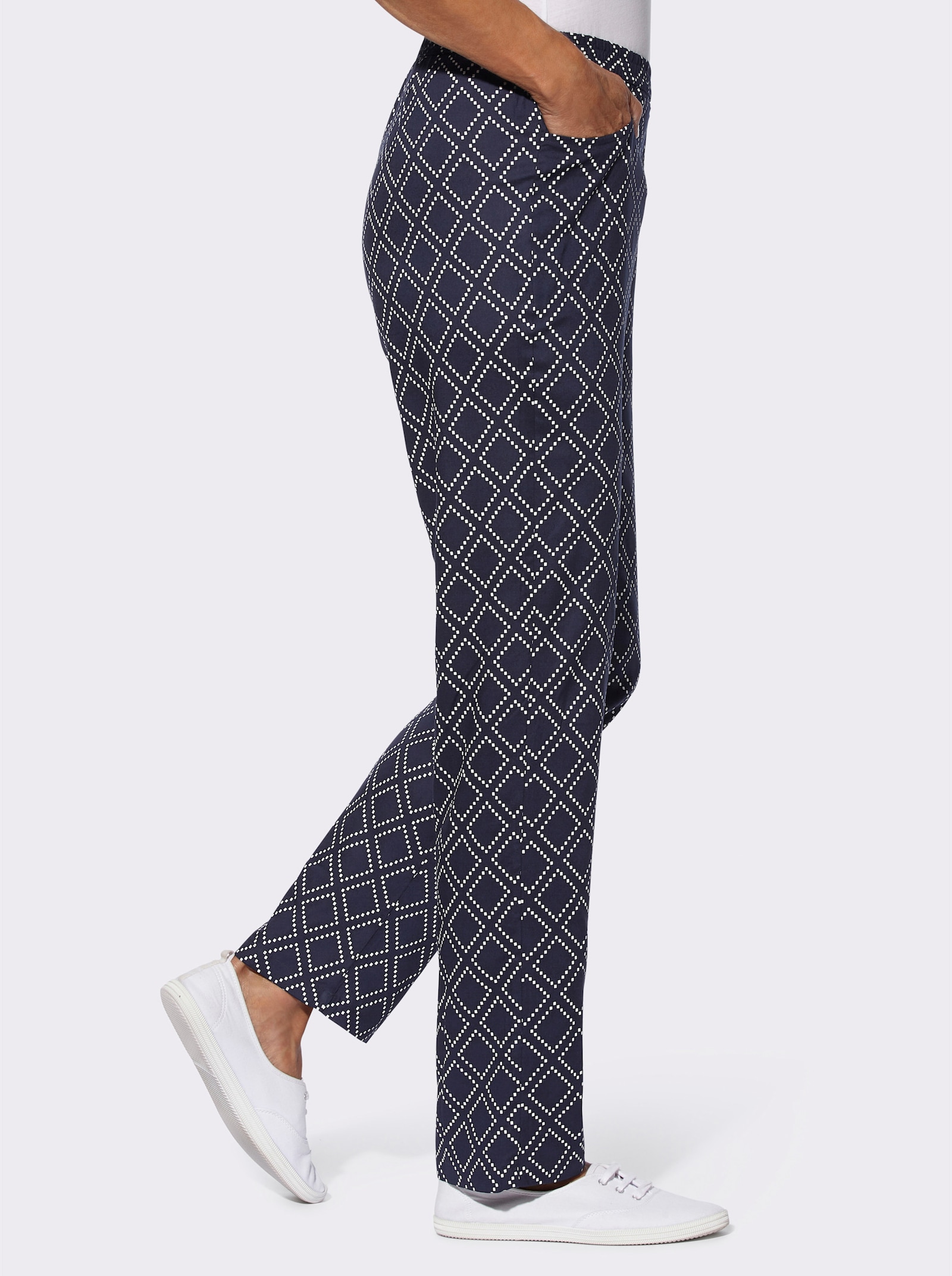 Comfortbroek van pure viscose, bedrukt - marine/wit geprint