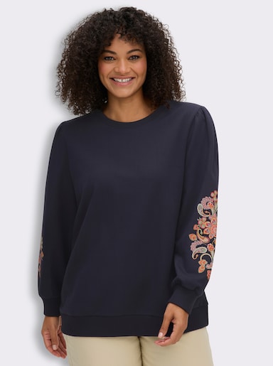 sheego Sweatshirt mit Blumenprint am Ärmel - tiefblau-malve
