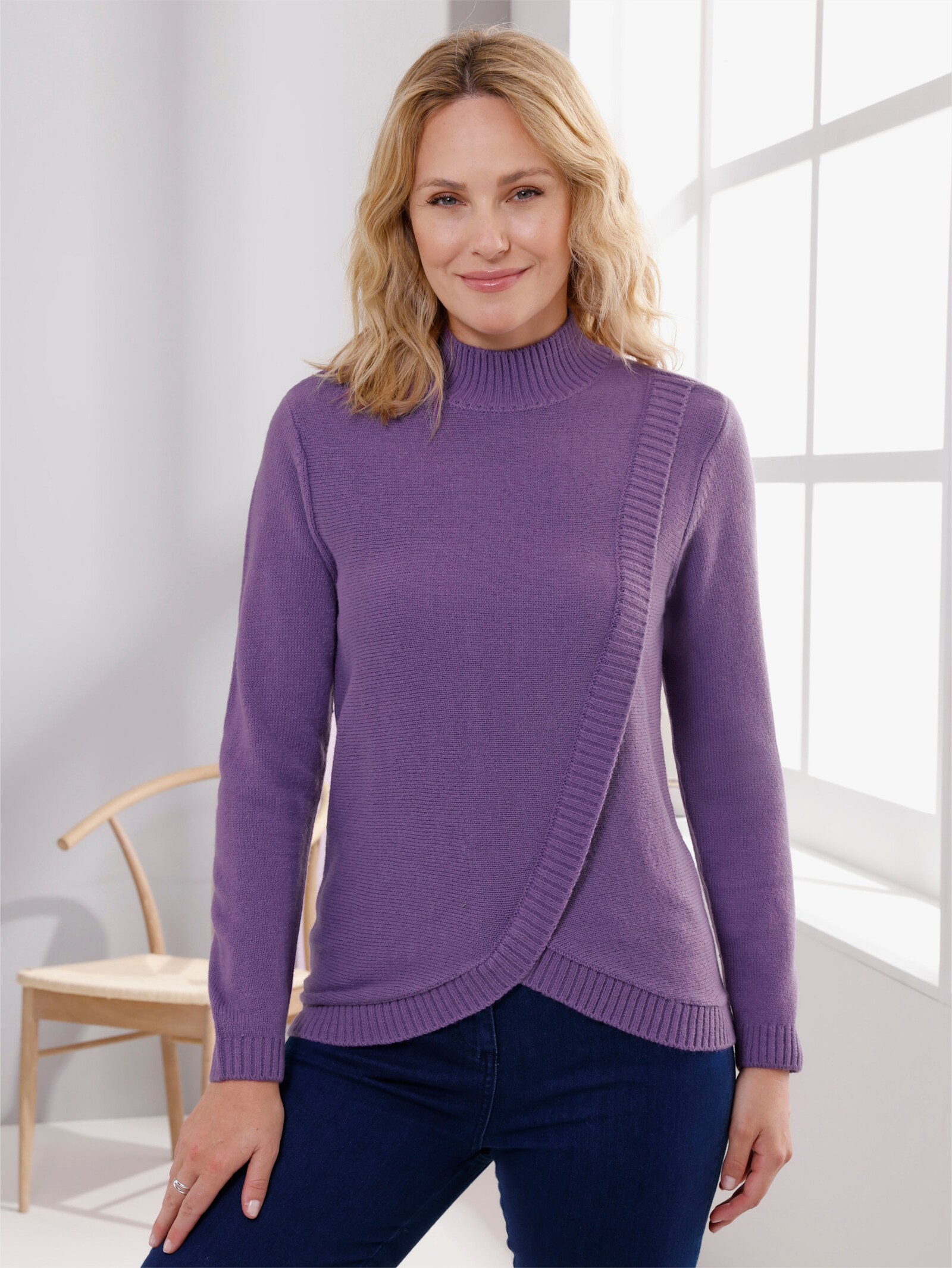 Stehkragenpullover in doppellagiger Optik - lila