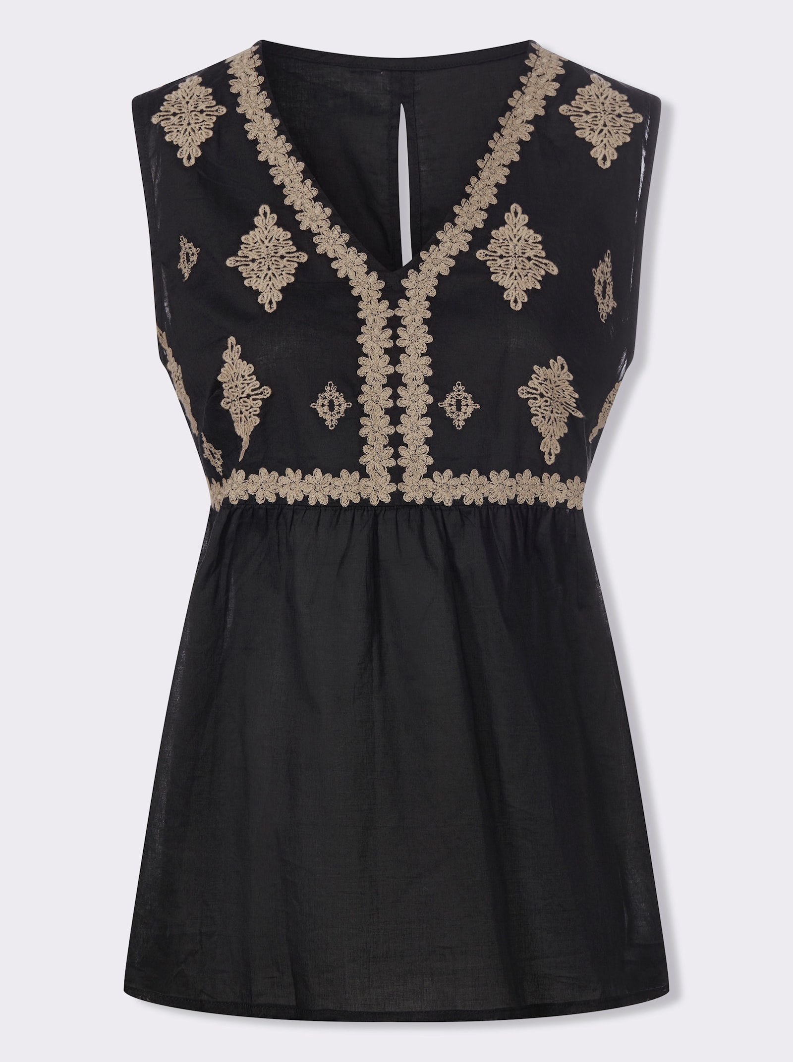 heine Ärmellose Bluse mit Stickerei-Details - schwarz-beige-bedruckt