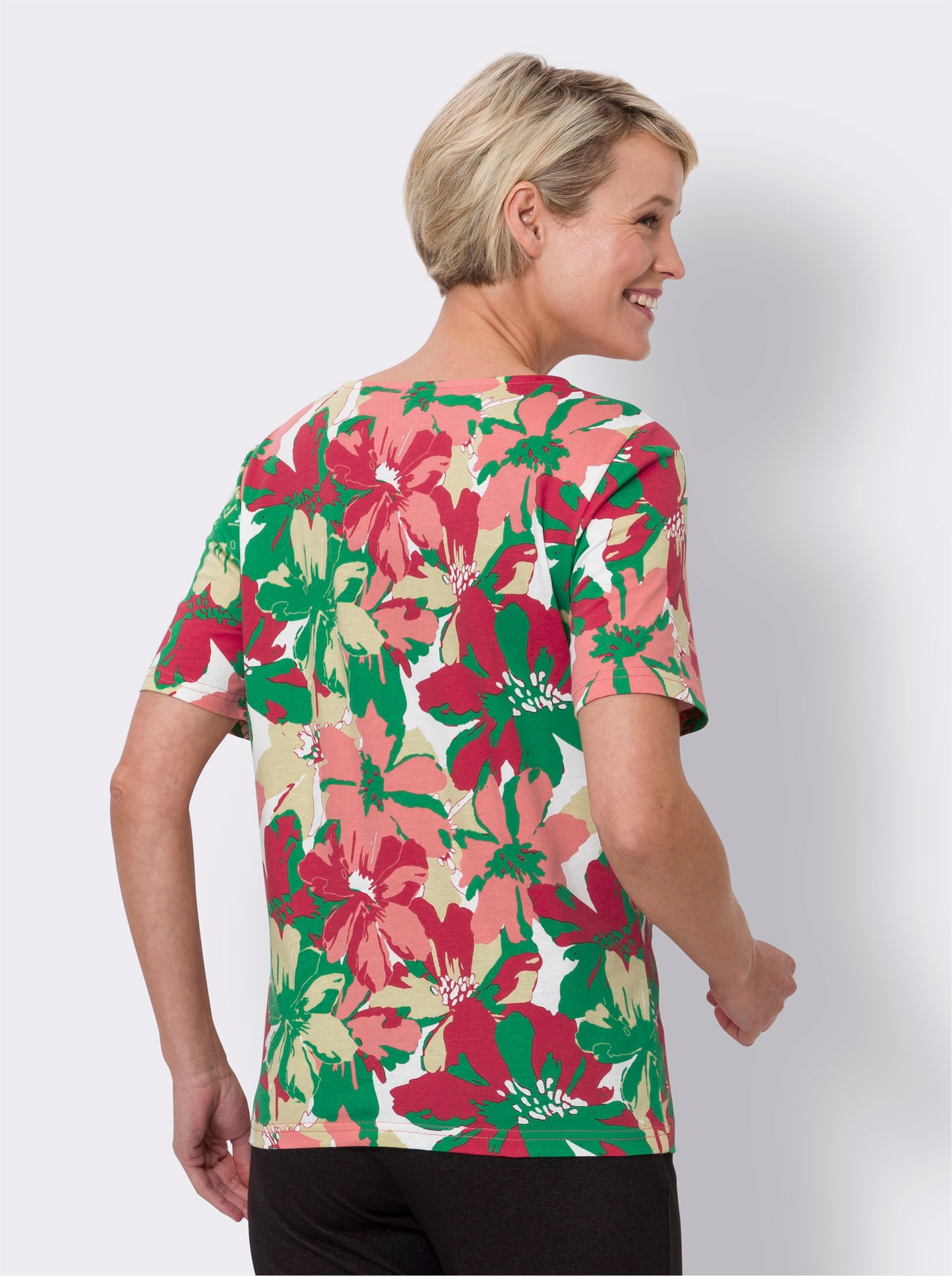 Tričko s krátkymi rukávmi a kvetinovým vzorom - Tráv. zel.-homárová potlač