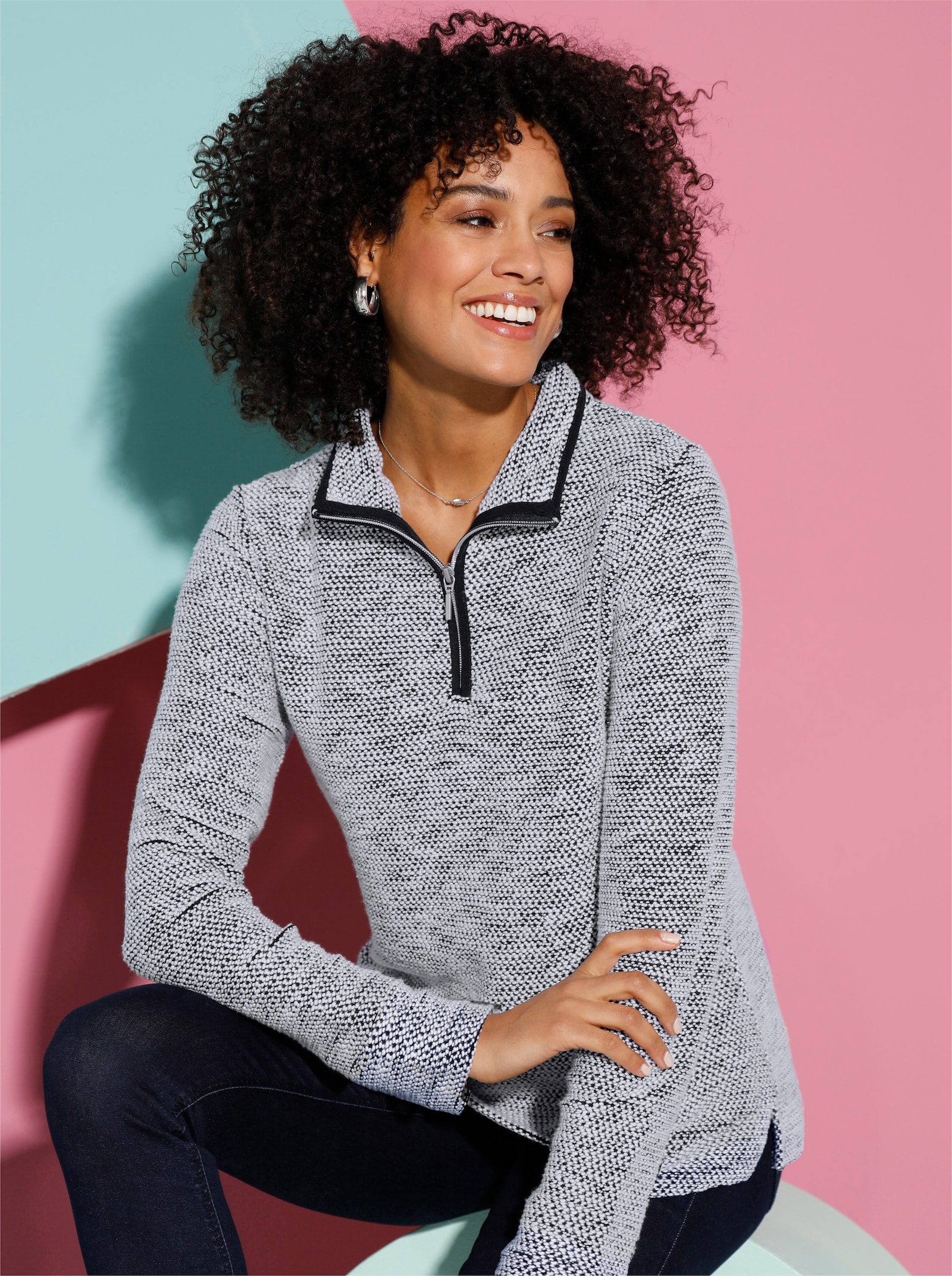 Langarmshirt in Bouclé-Qualität - ecru-schwarz-gemustert