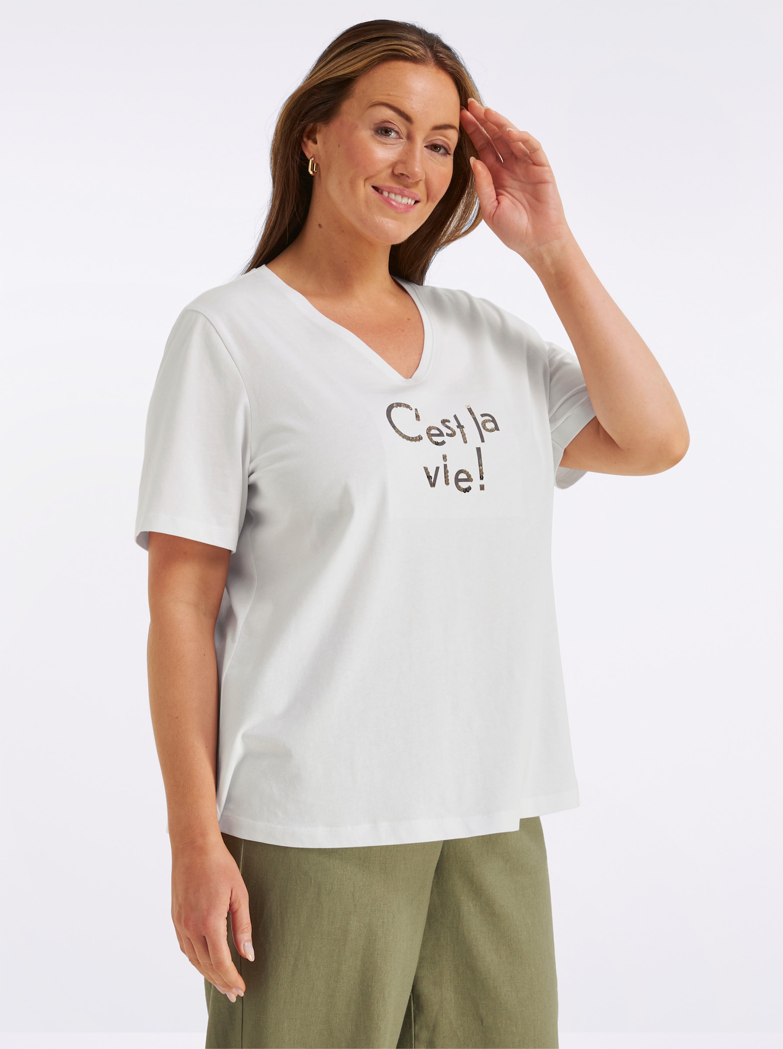 sheego Shirt met V-hals, tekstprint en pailletten - ecru