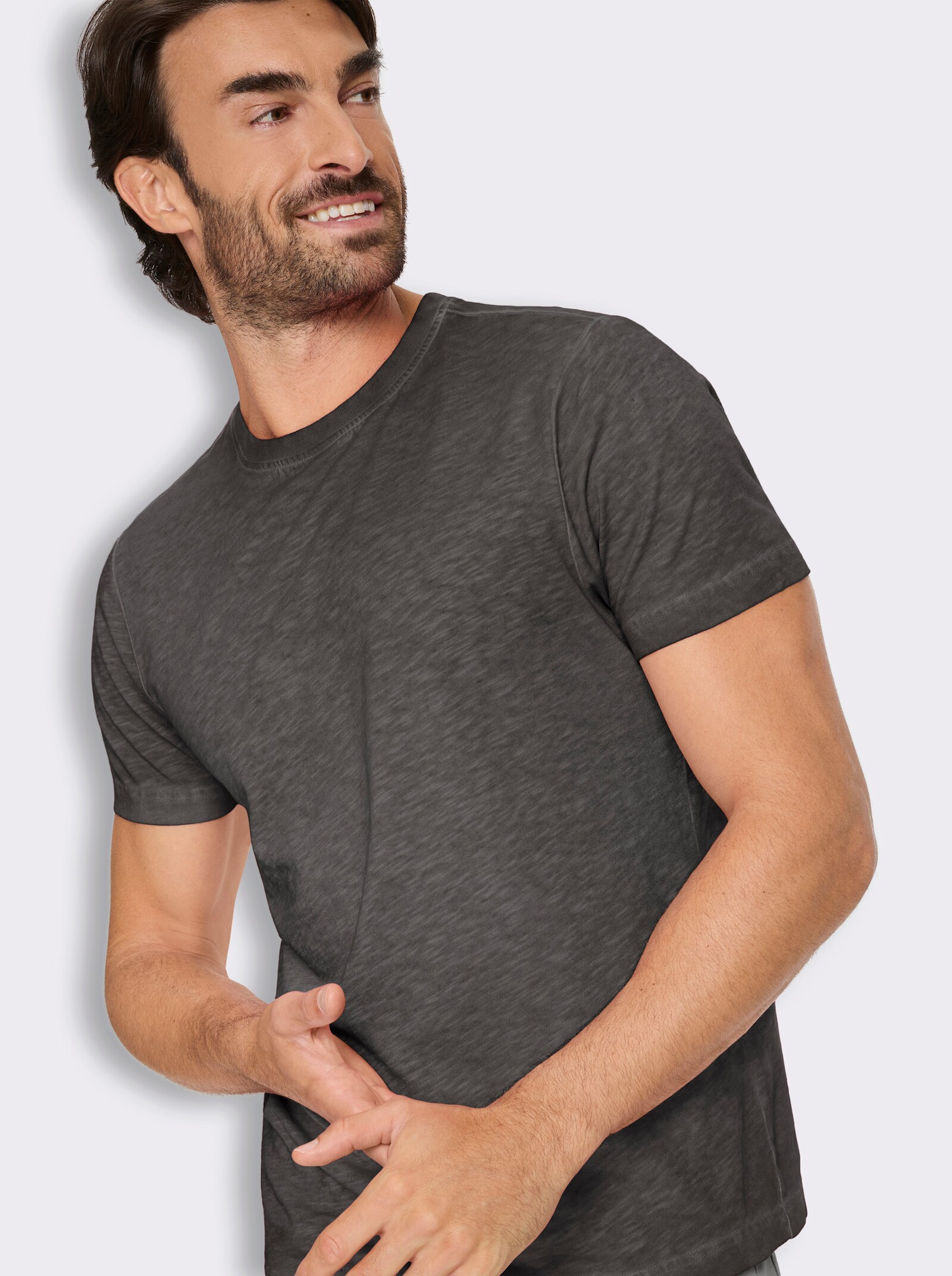 Kurzarmshirt mit Rundhals-Ausschnitt, Baumwolle - graphit