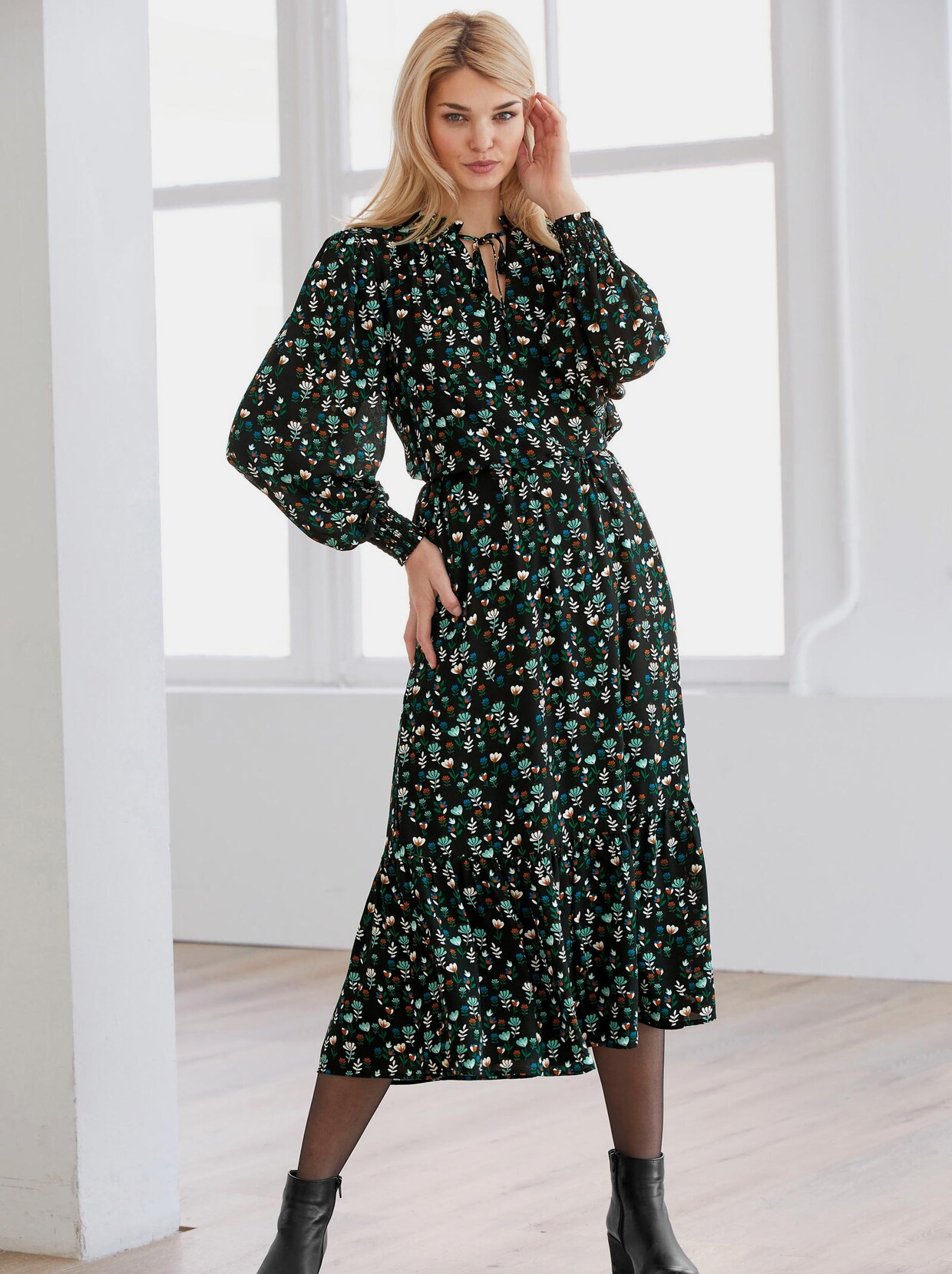 Linea Tesini Druck-Kleid - schwarz-champagner-bedruckt
