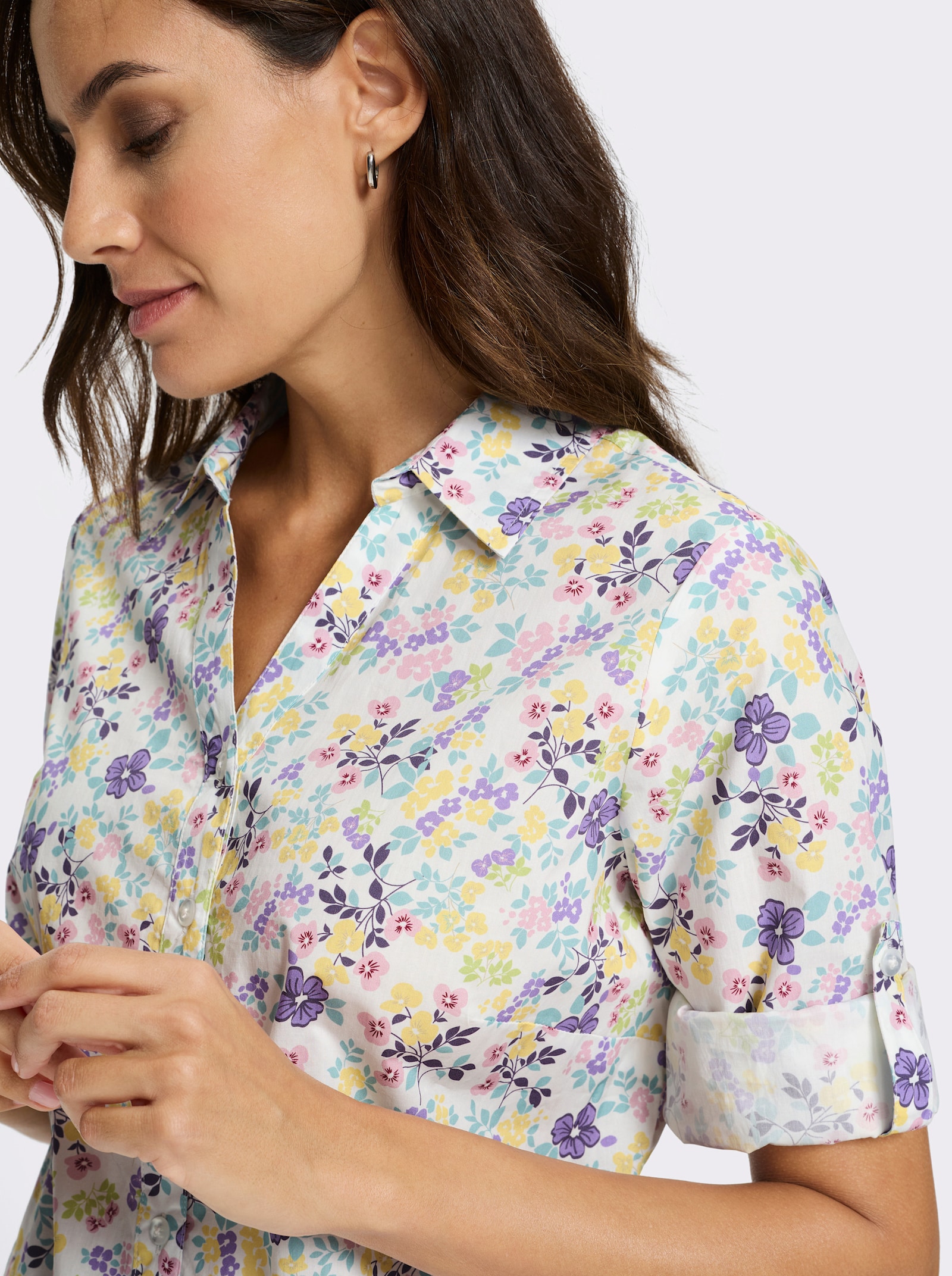 Baumwollbluse mit längenregulierbaren Ärmeln - weiß-bedruckt