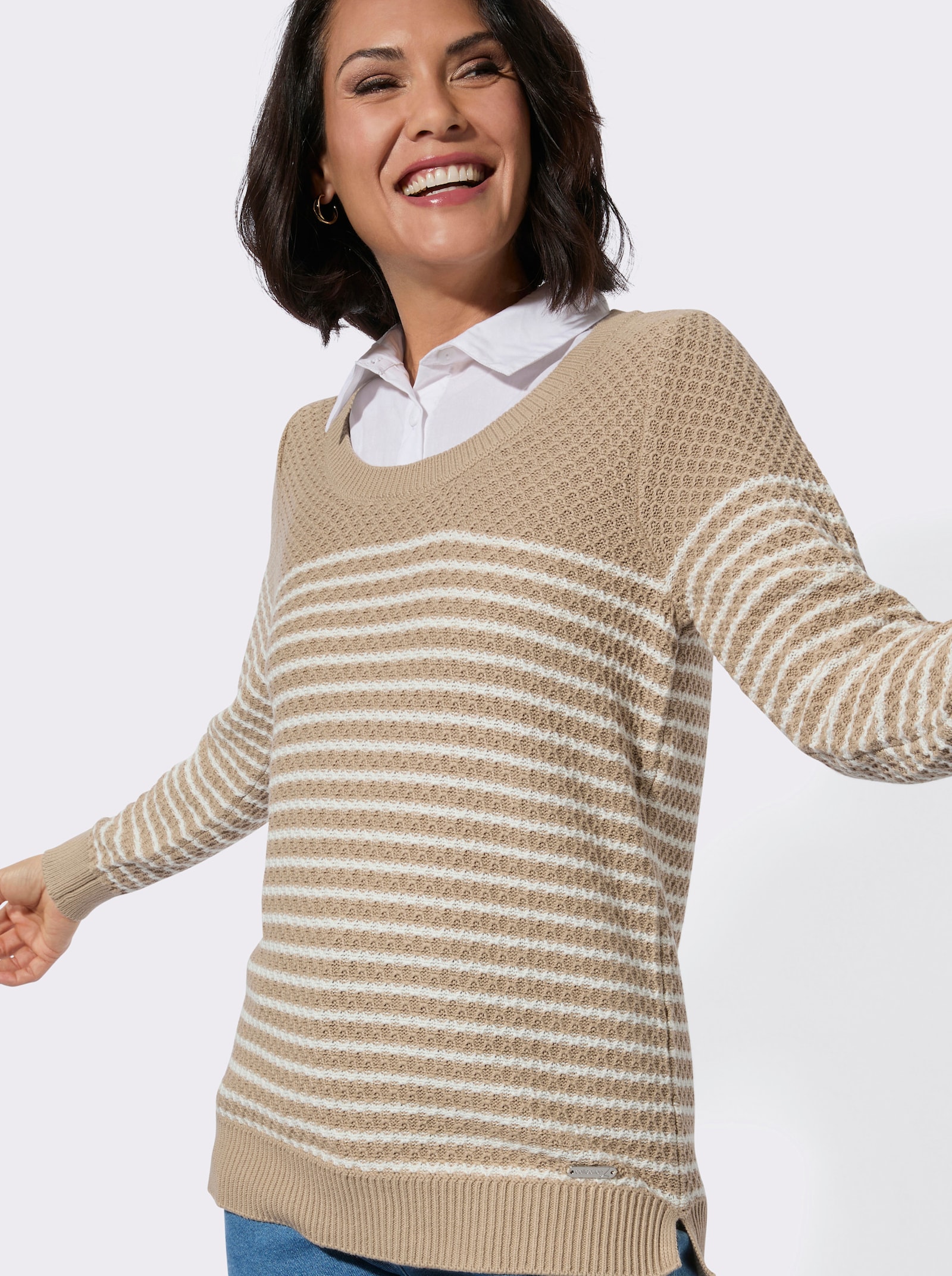 2-in-1-Pullover mit gerippten Abschlüssen - beige-ecru-gemustert