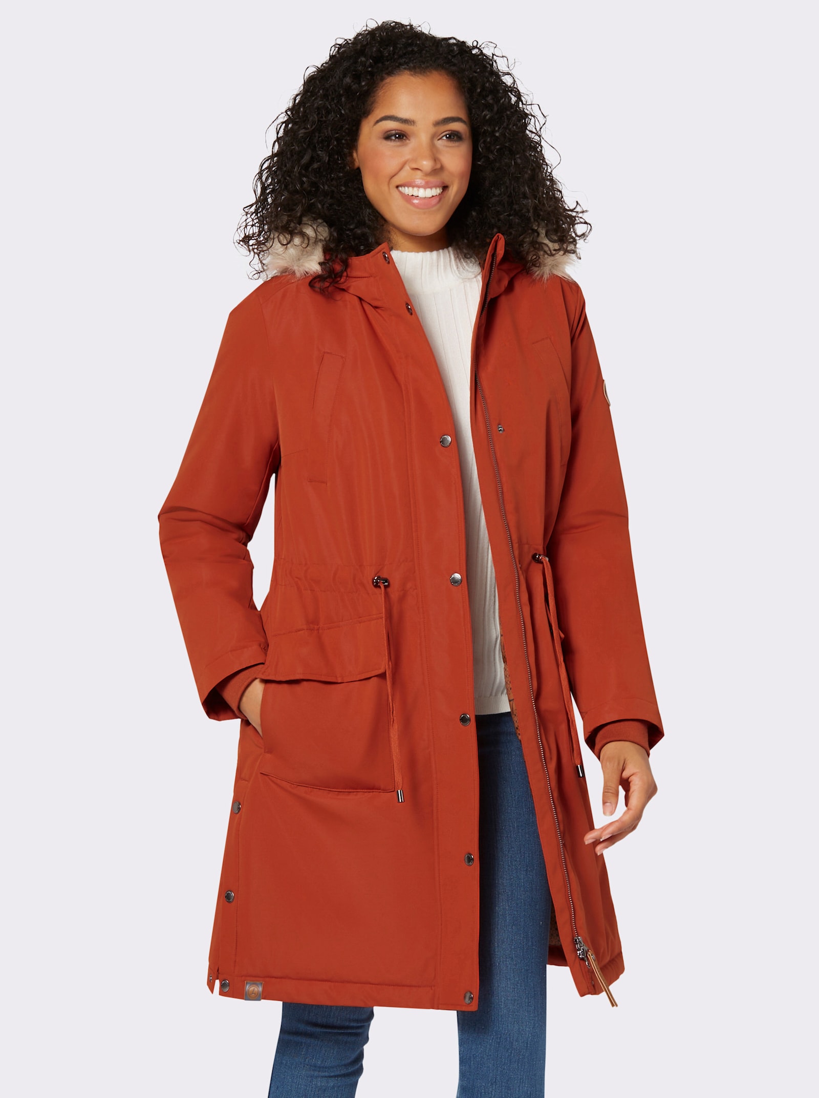 Korte mantel met afknoopbaar imitatiebont - roestrood