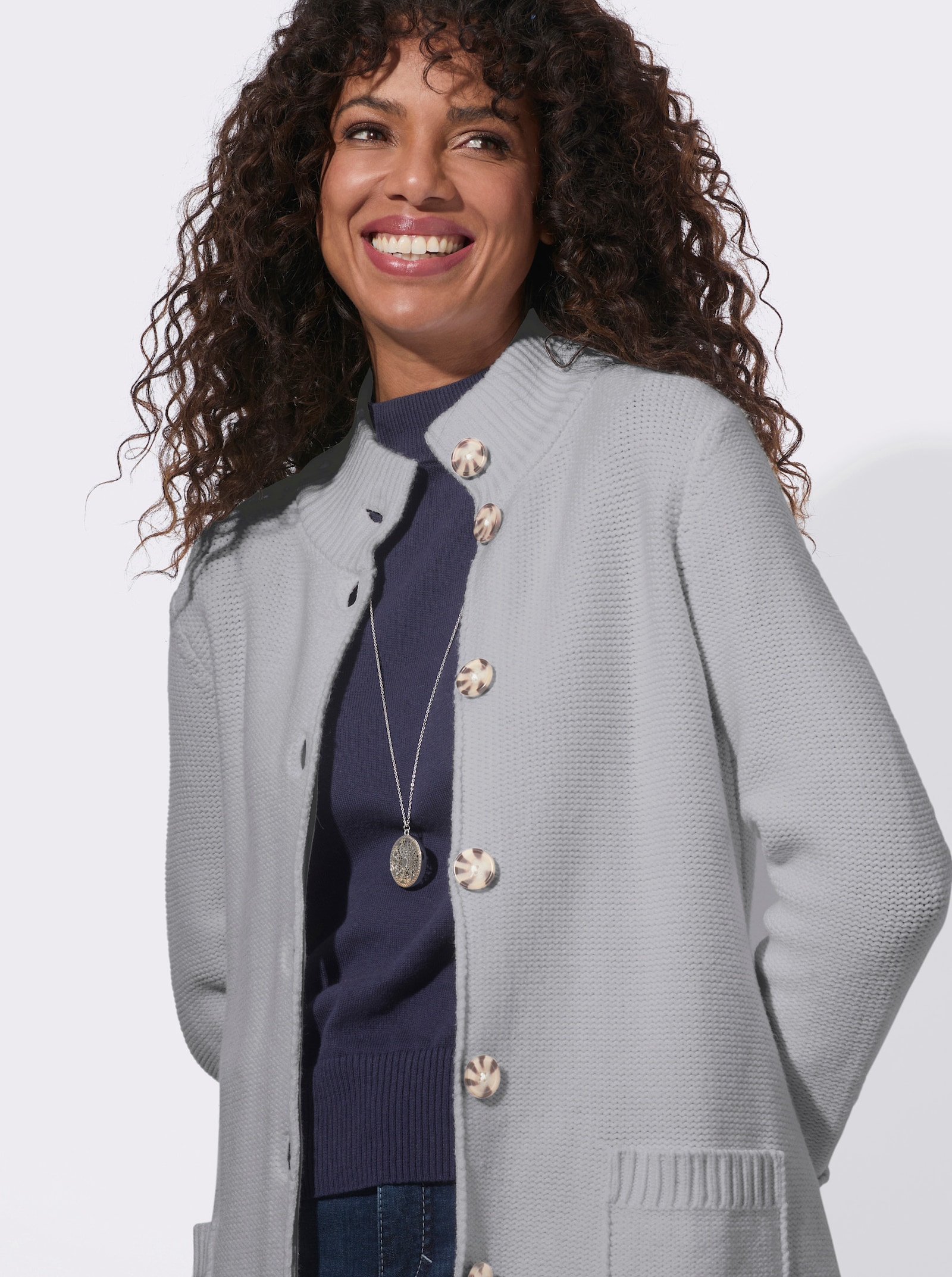 Longstrickjacke im modischen Linksstrick - steingrau-meliert