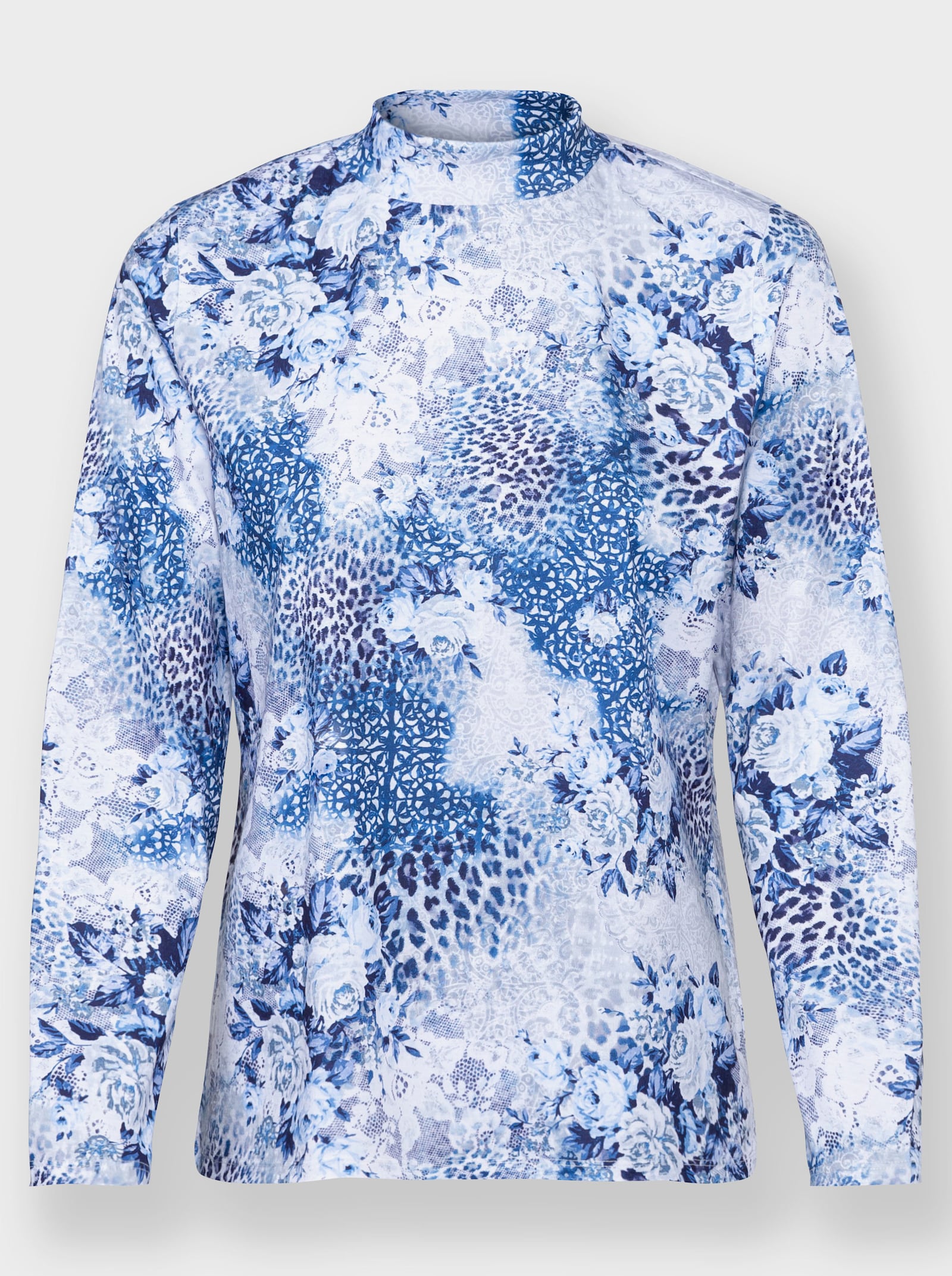 Langarmshirt im Mix aus Animal- und Floraldruck - jeansblau-ecru-gemustert