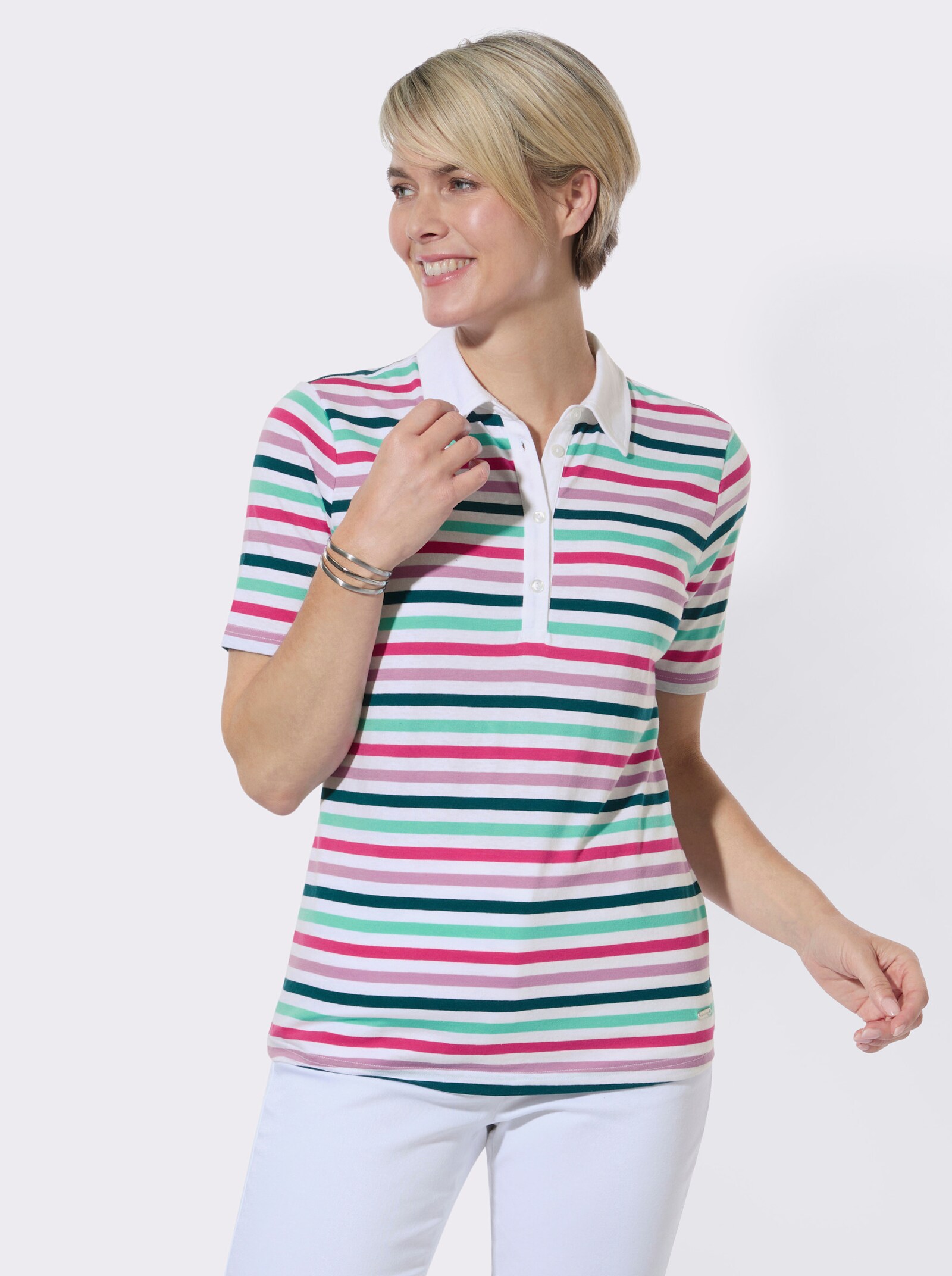 Poloshirt im garngefärbten Ringelmuster - weiß-fuchsia-geringelt