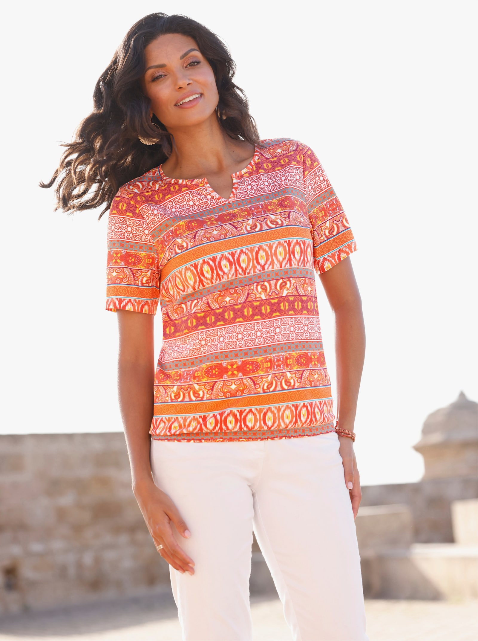 Kurzarmshirt aus reiner Baumwolle - papaya-terra-bedruckt