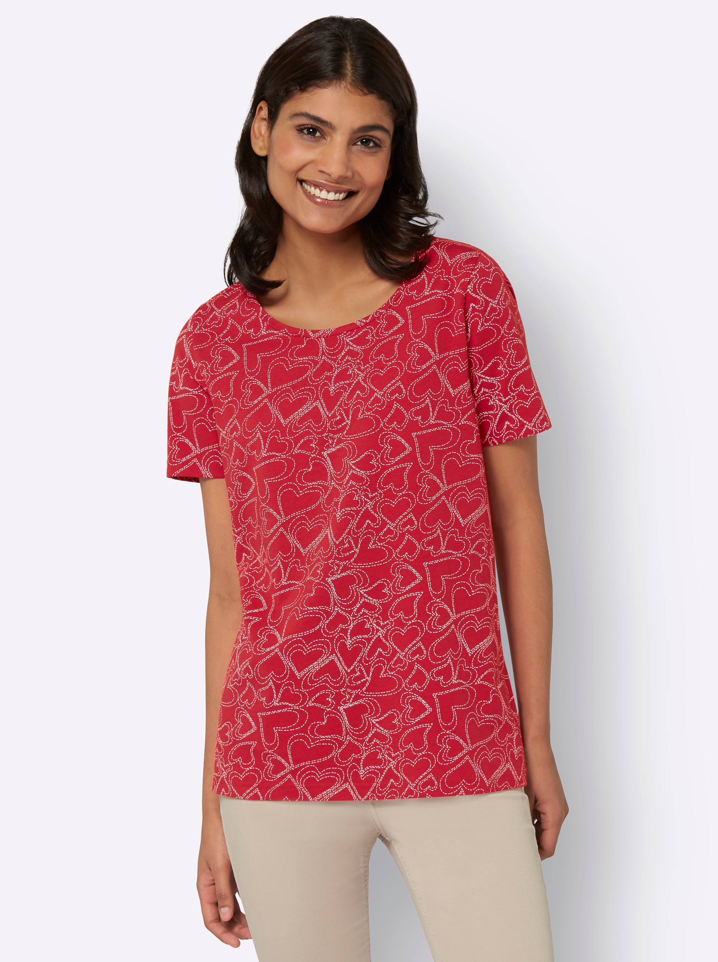 MODE günstig Kaufen-T-Shirt in erdbeere-bedruckt von heine. T-Shirt in erdbeere-bedruckt von heine <![CDATA[Damit fliegen Ihnen die Mode-Herzen nur so zu! Druck-Shirt im süßen Druckmuster mit paspeliertem Rundhals-Ausschnitt.]]>. 