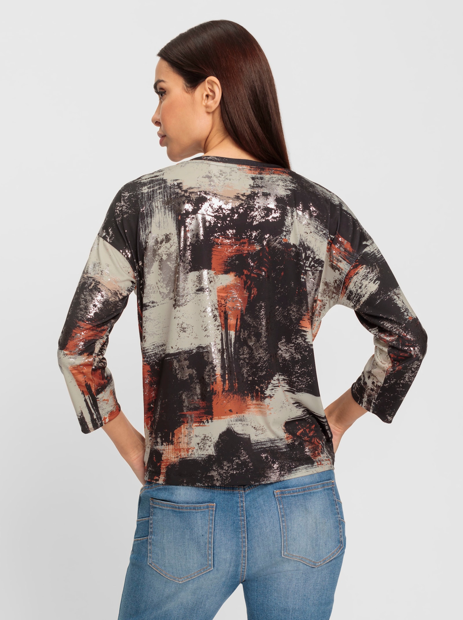 heine Rundhalsshirt mit schimmerndem Foliendruck - schwarz-rostrot-bedruckt