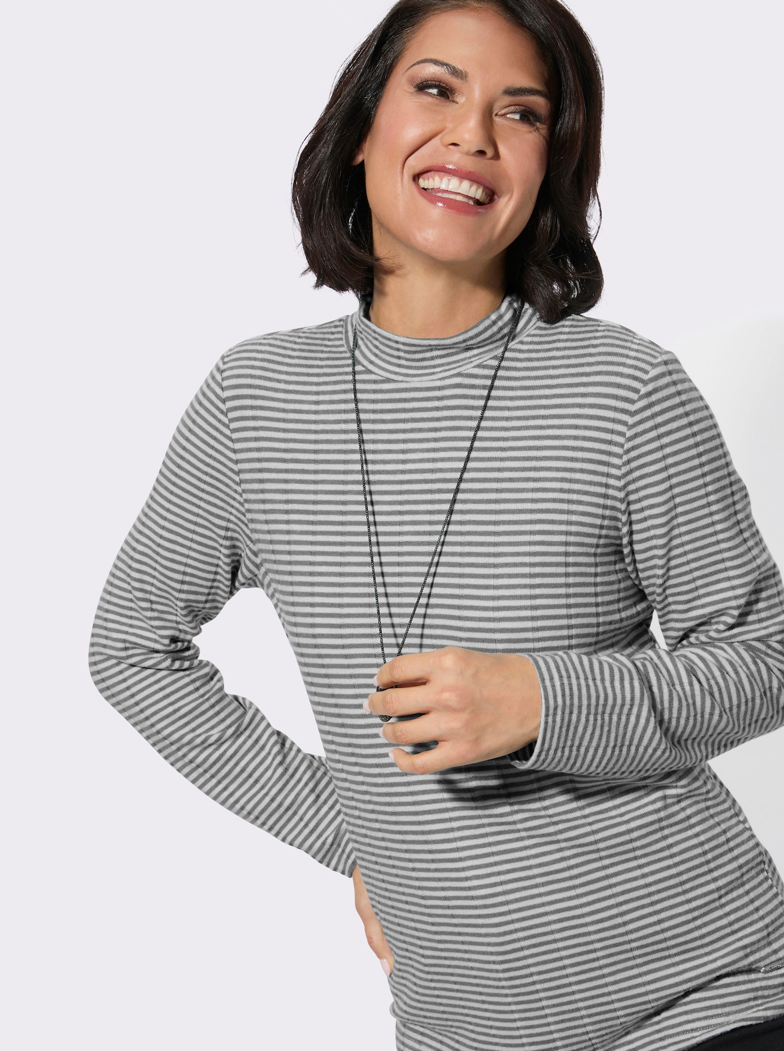 Langarmshirt mit Stehkragen - grau-ecru-geringelt