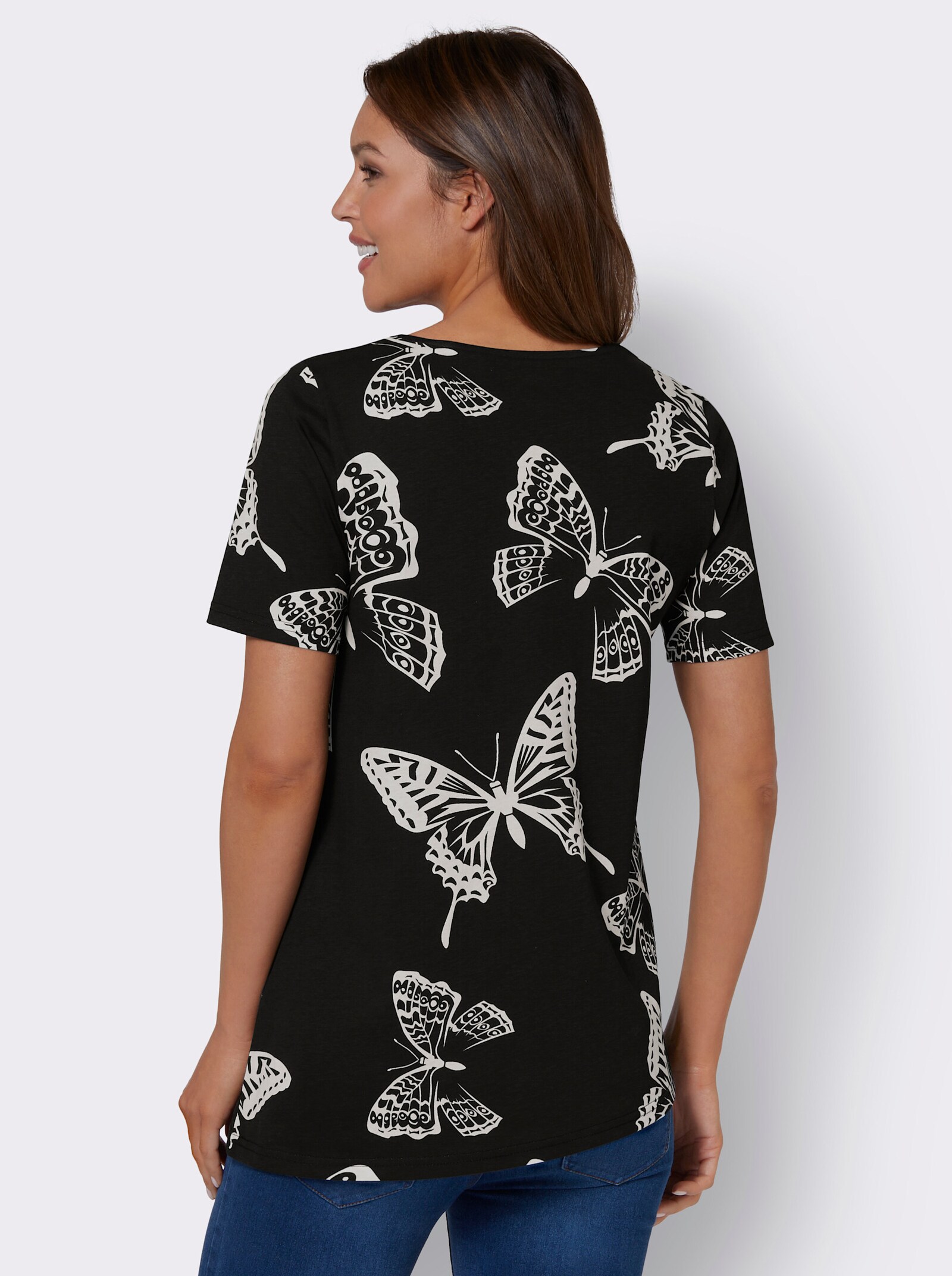 Tričko, krátke rukávy, asym. lem - čierna vzorovaná