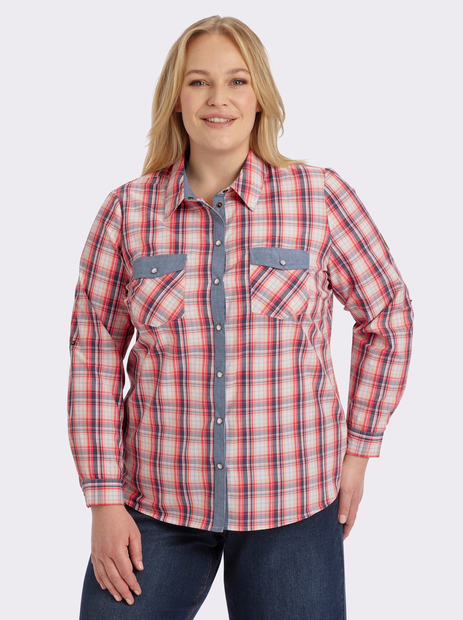 Karobluse mit aufgesetzten Brusttaschen - hummer-weiß-kariert