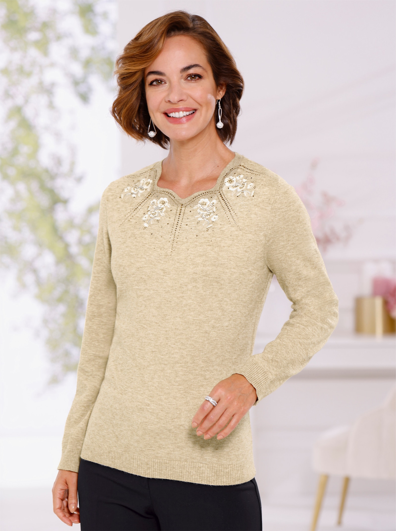 Langarm-Pullover mit Glitzersteinchen - beige-meliert