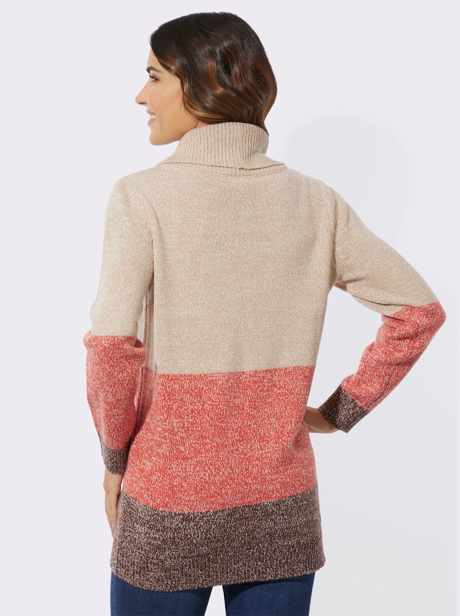 Lange pullover in colour-blocking-dessin - beige/terra gedessineerd