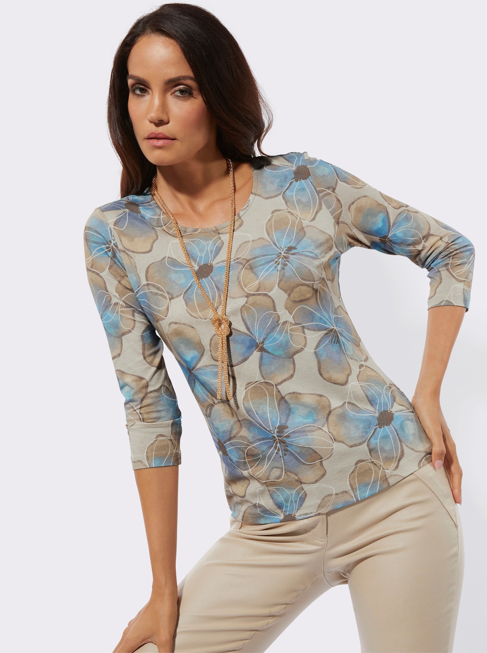 Rundhalsshirt mit Blütendruck rundum - sand-bleu-bedruckt