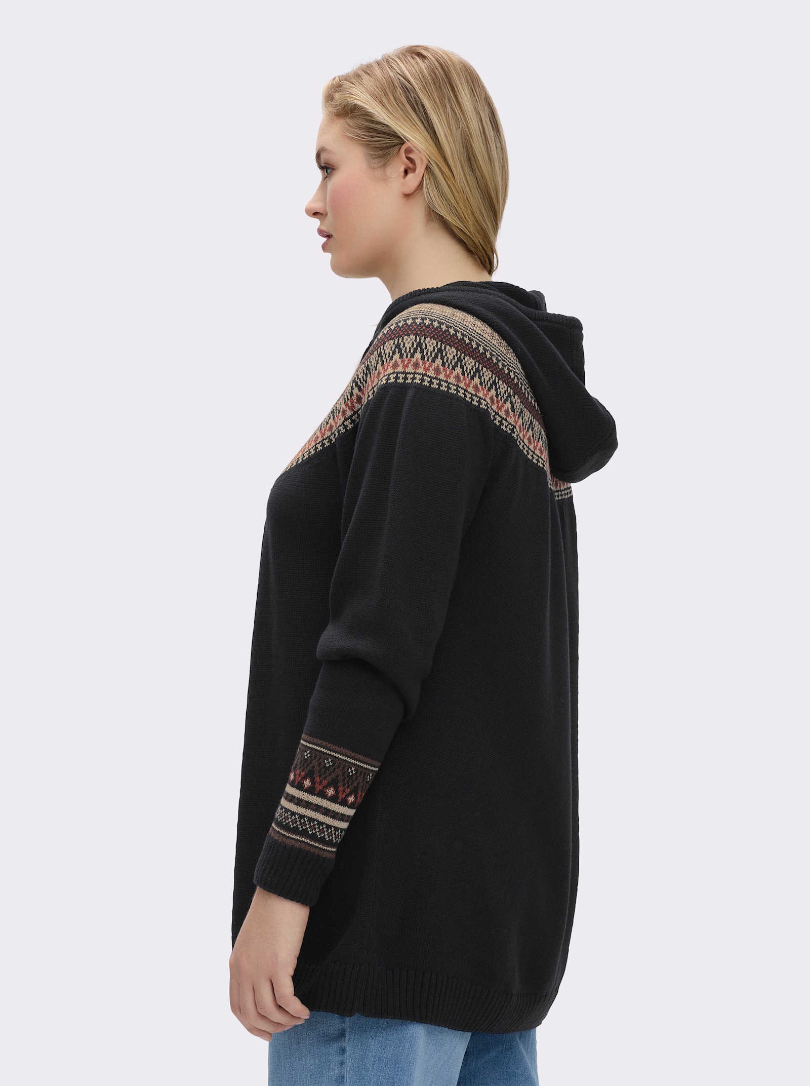 sheego Kapuzenpullover mit Jacquardmuster - schwarz-beige-gemustert