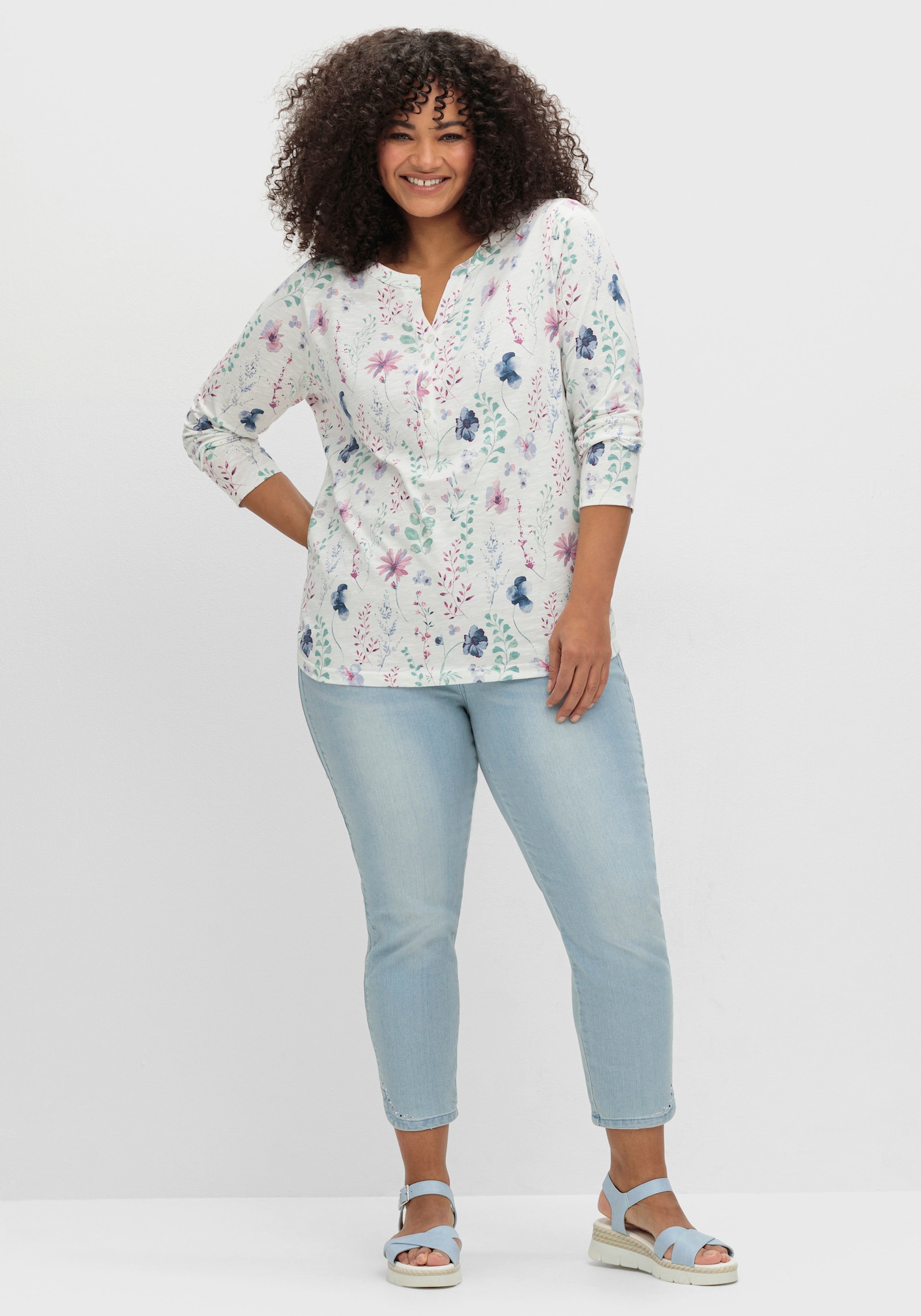 Langarmshirt mit kleiner Knopfleiste - ecru-mauve-bedruckt