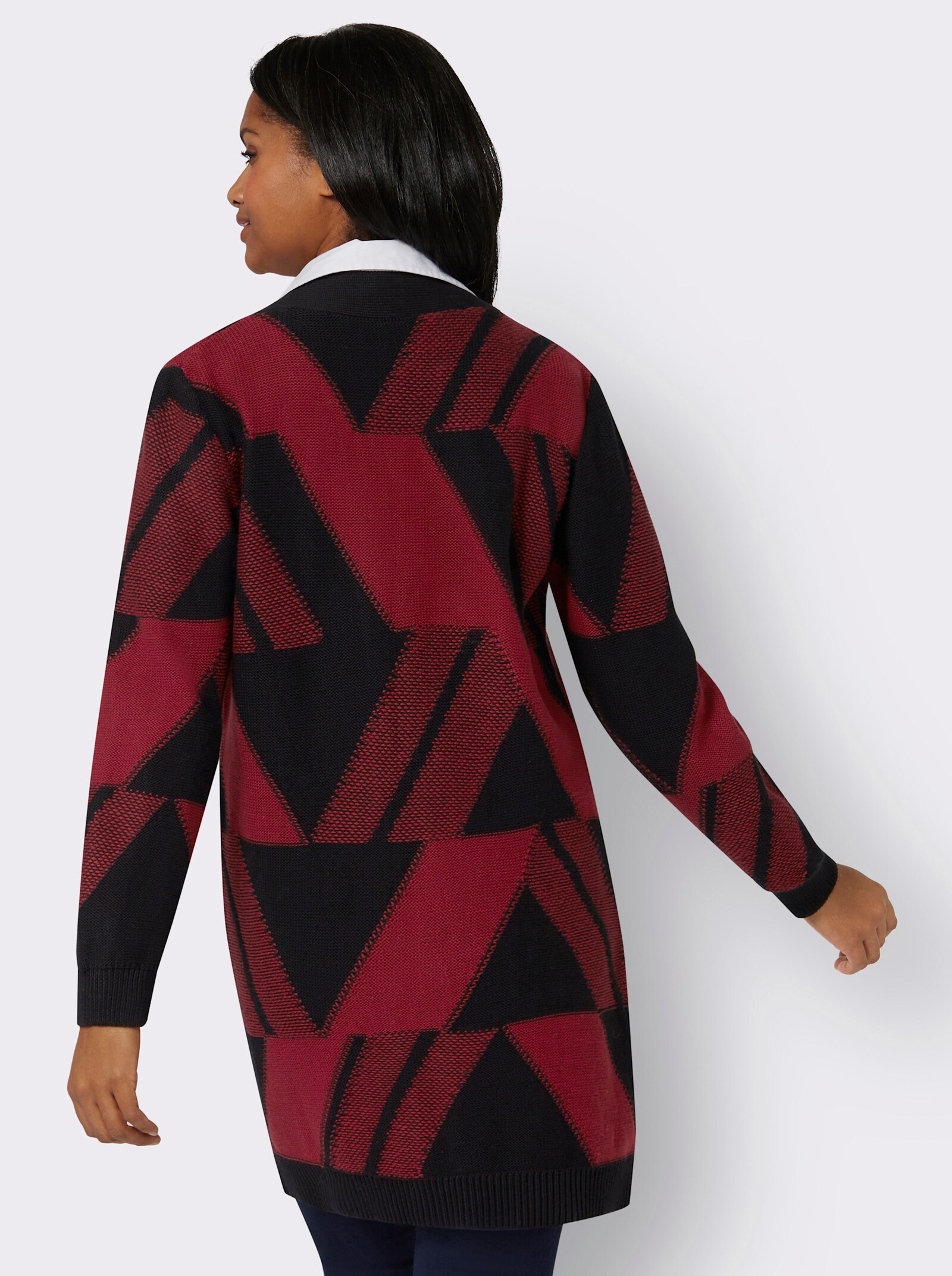 Gebreide mantel met jacquardpatroon, grafisch - donkerrood/zwart gedessineerd