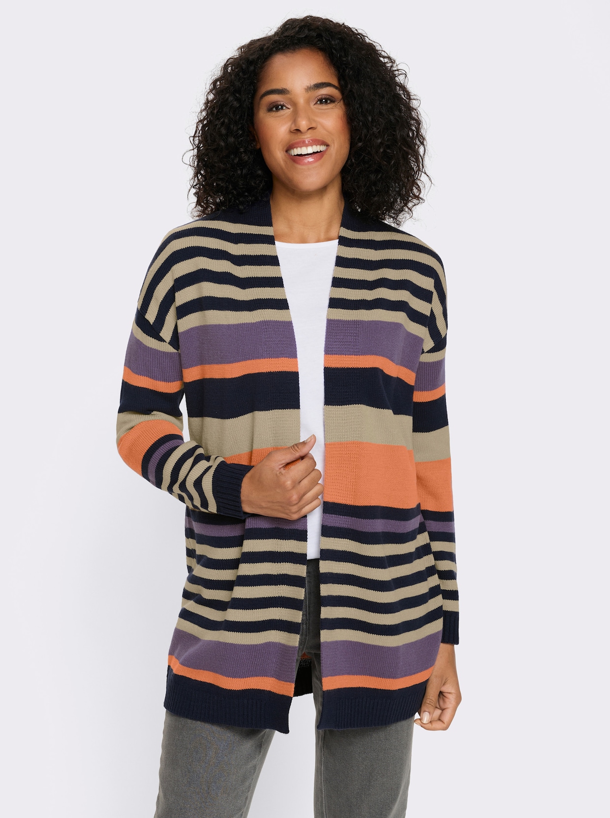 Lang vest in open model - marine/sesam gestreept