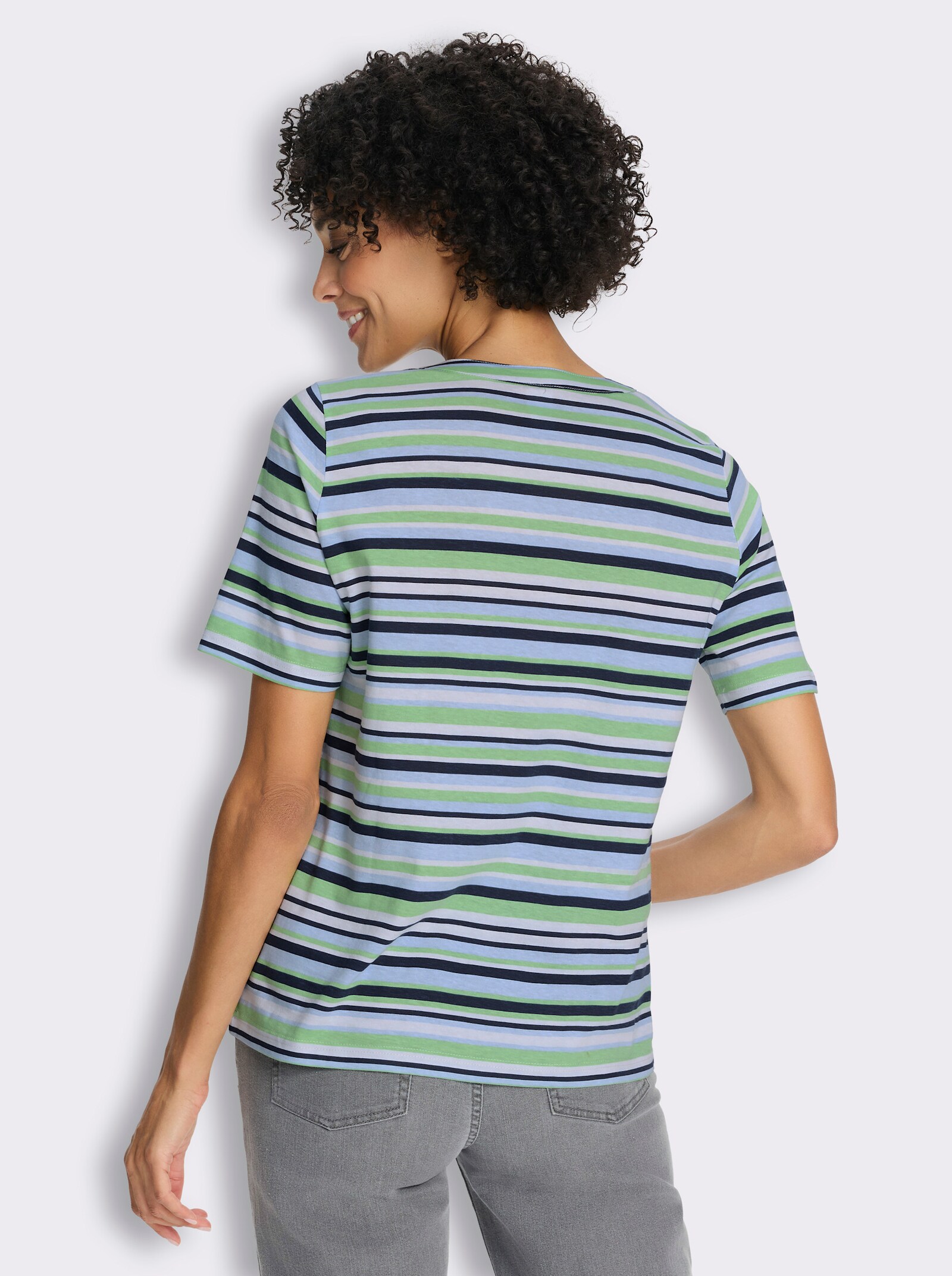 Kurzarmshirt mit kurzer Knopfleiste - hellblau-reseda-geringelt
