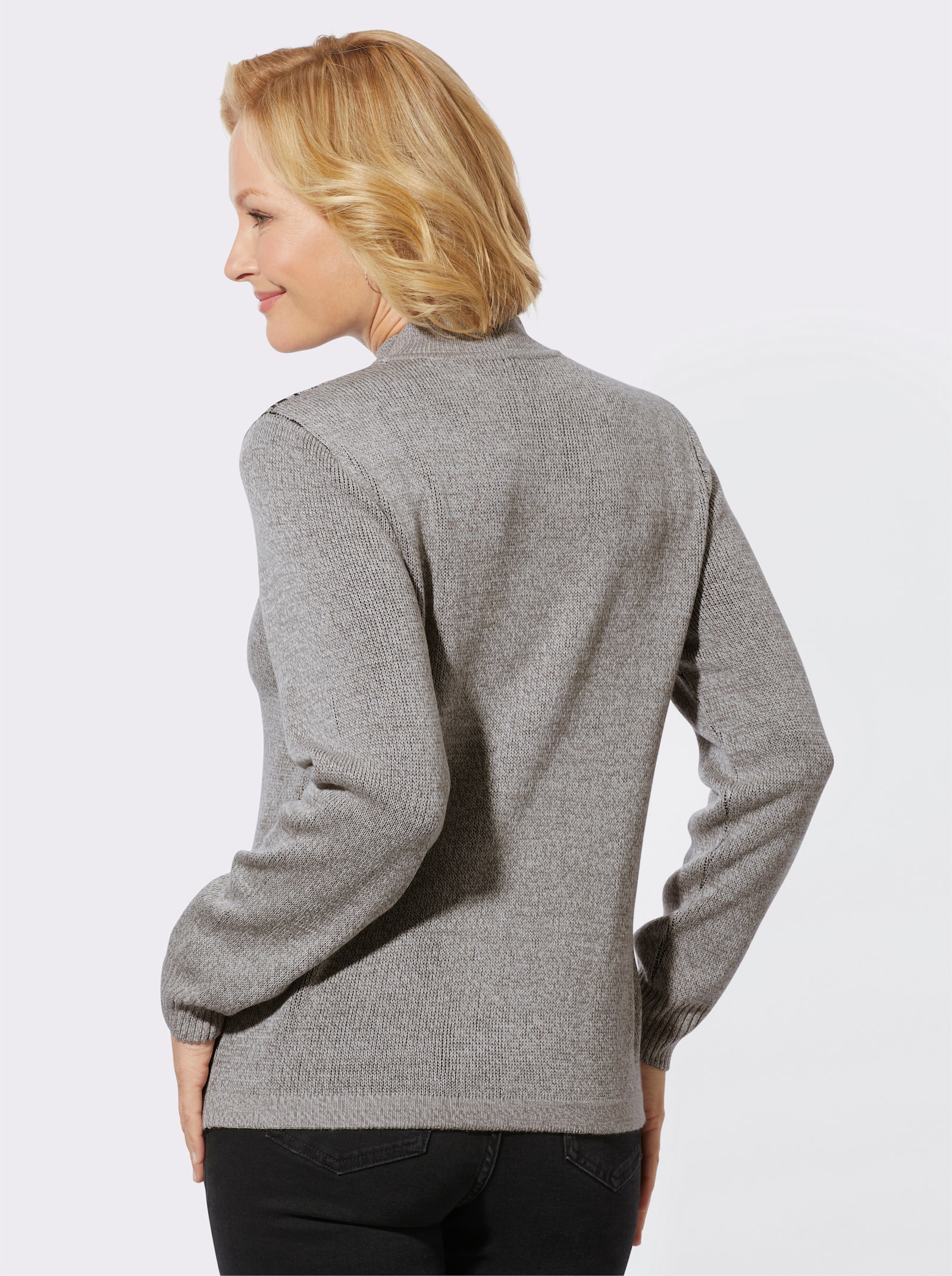 Pullover met opstaande kraag en siersteentjes - grijs gemêleerd