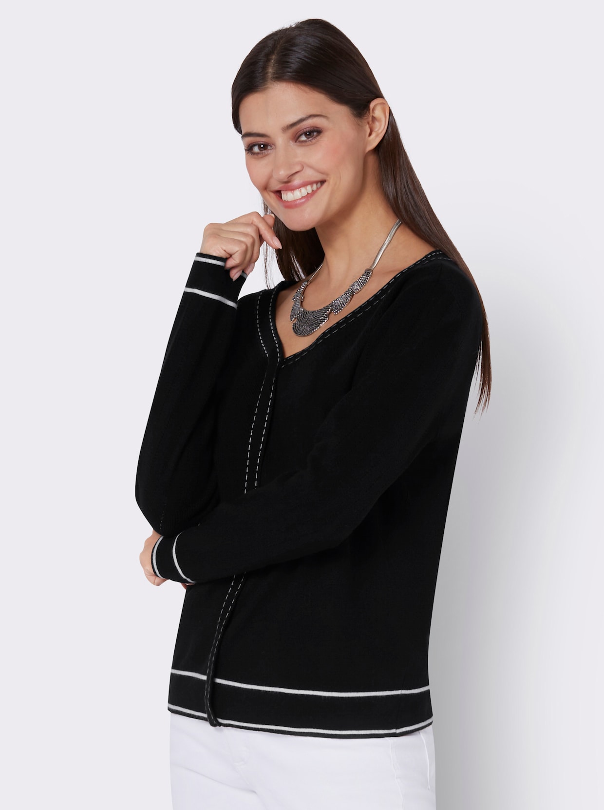 V-Ausschnitt-Pullover - schwarz-ecru