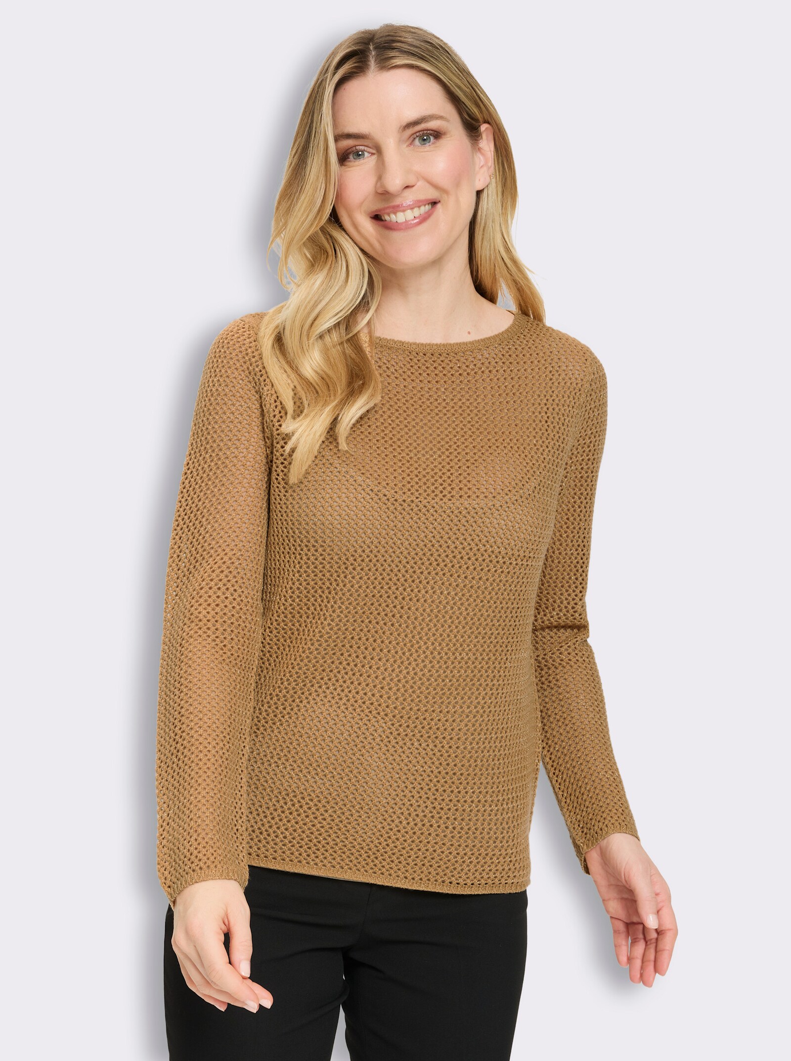 Ajourpullover mit goldfarbenem Effektgarn - camel