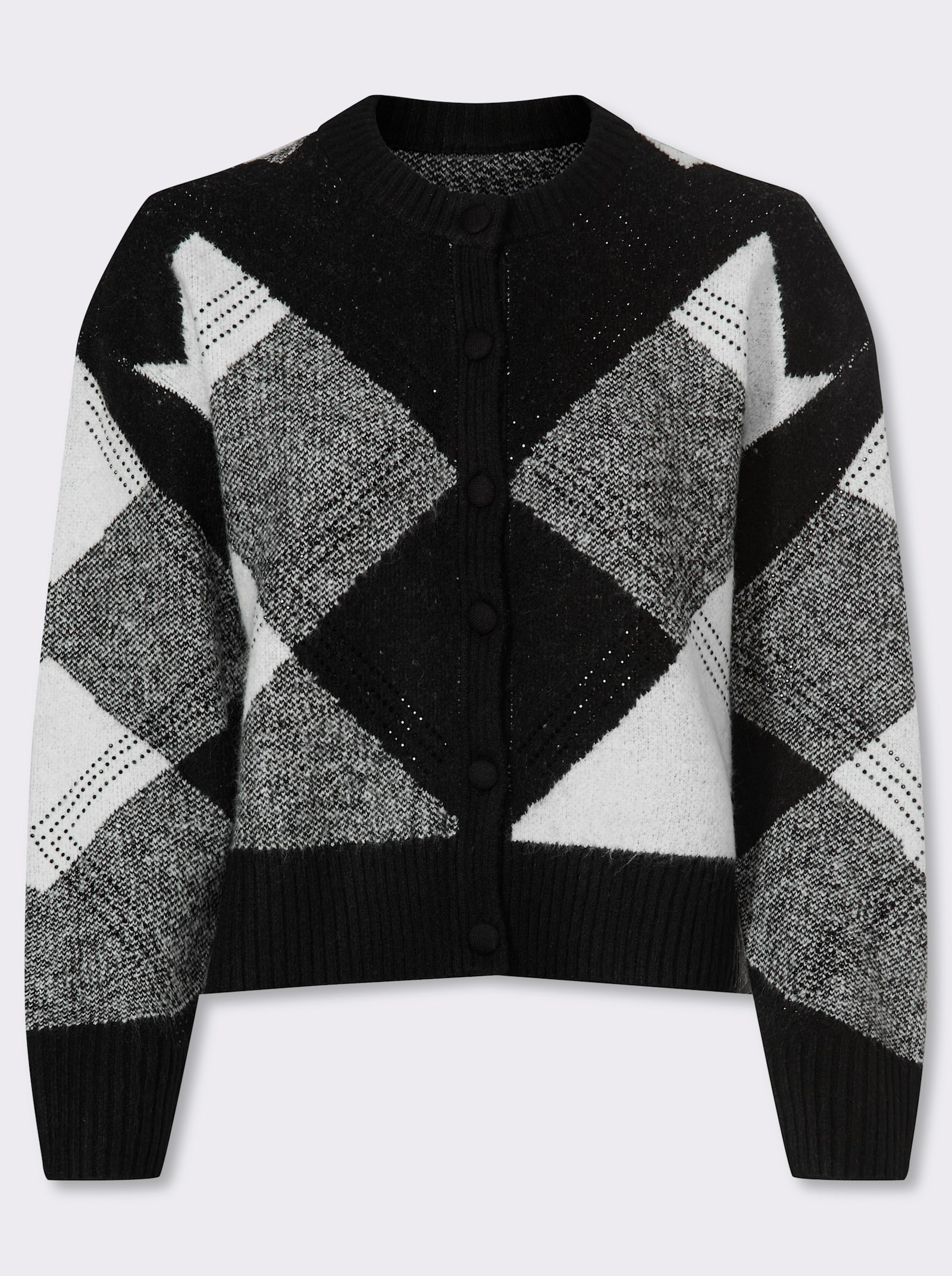 heine Jacquardstrickjacke mit Ziersteinchen - schwarz-ecru-gemustert