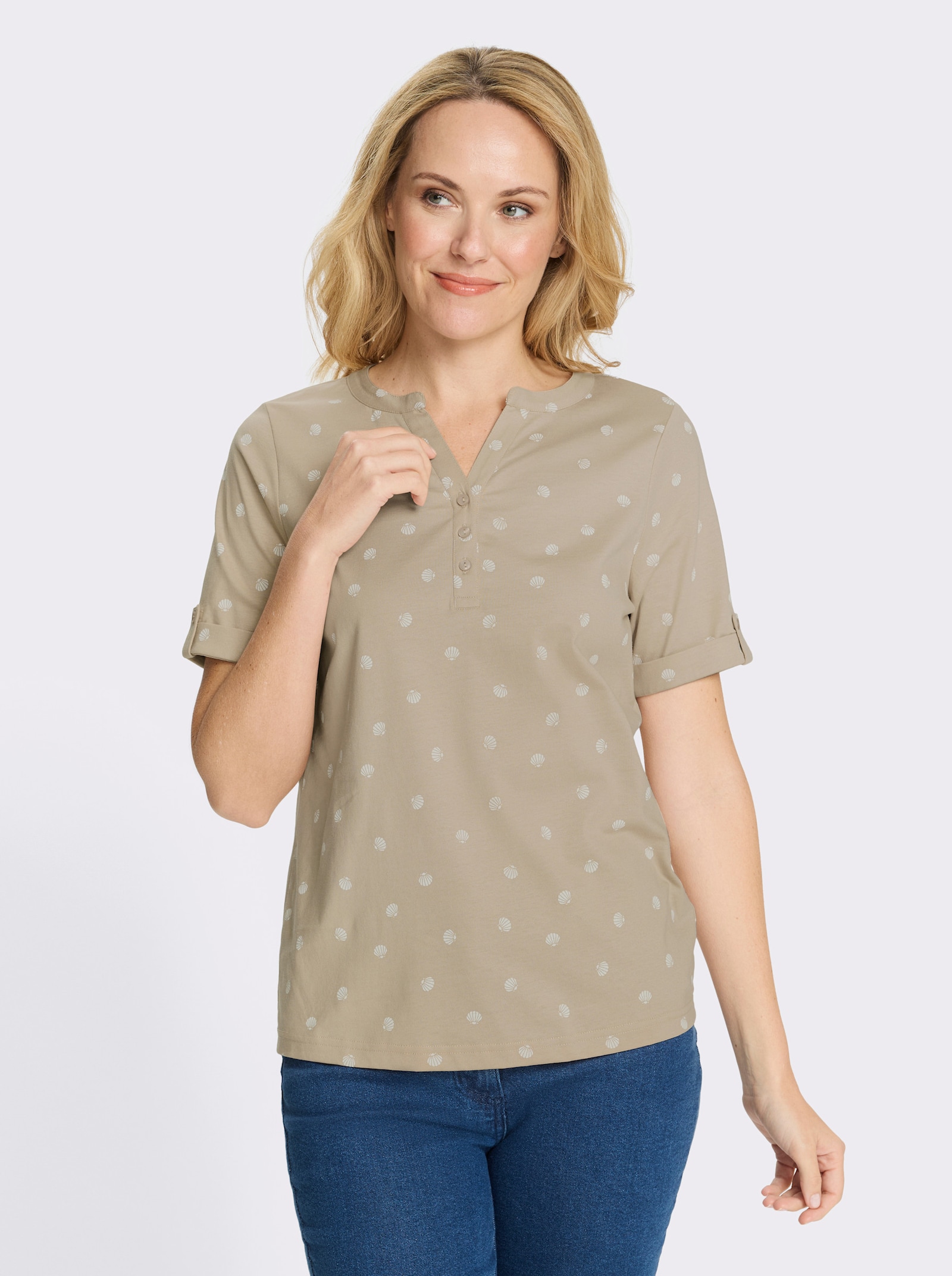 Kurzarmshirt im maritimen Dessin - beige-ecru-bedruckt