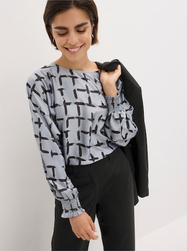 Schlupfbluse mit Fledermaus-Ärmeln - silberfarben-schwarz-bedruckt