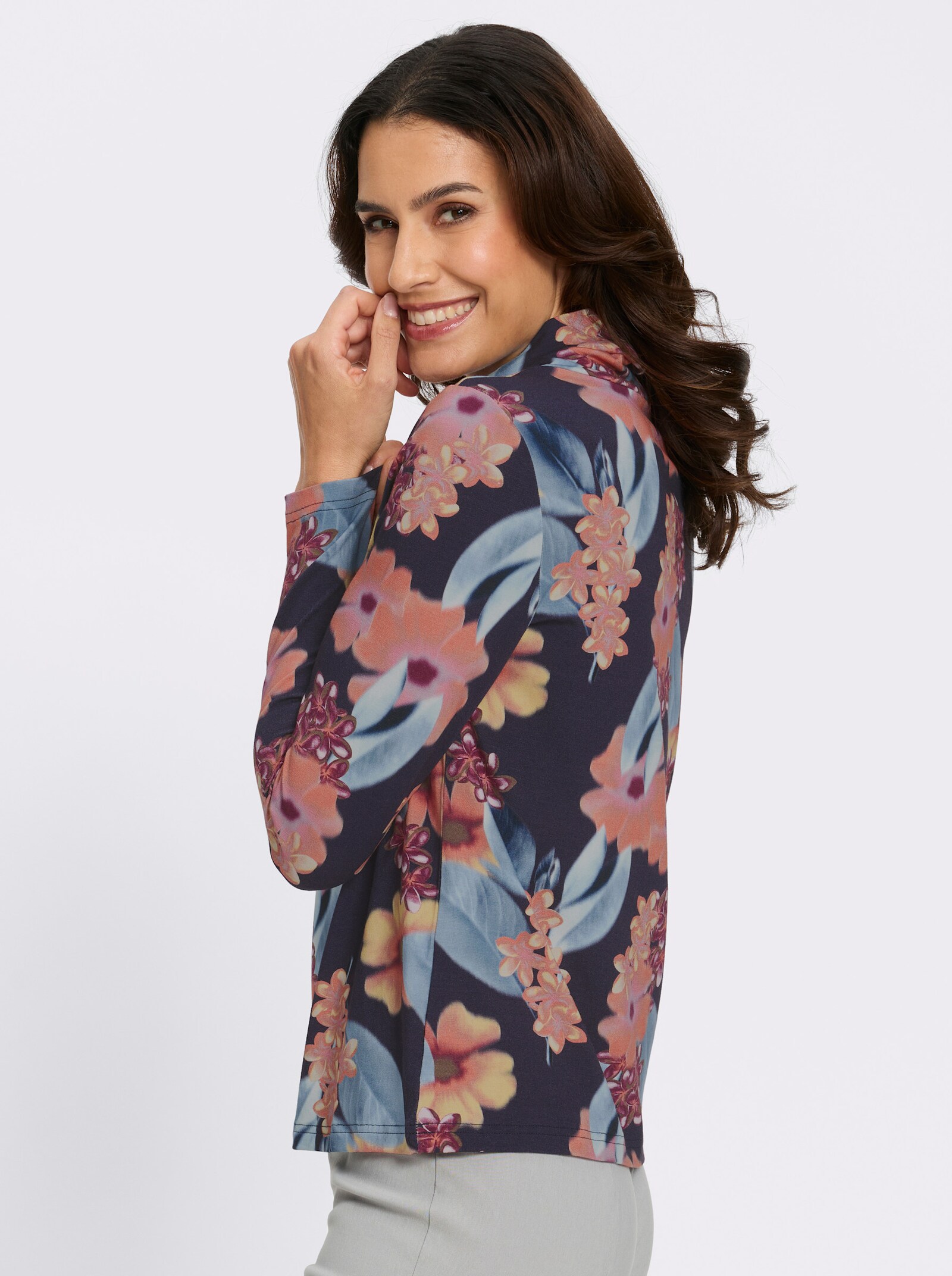 Rollkragenshirt mit großen Blüten - marine-papaya-bedruckt