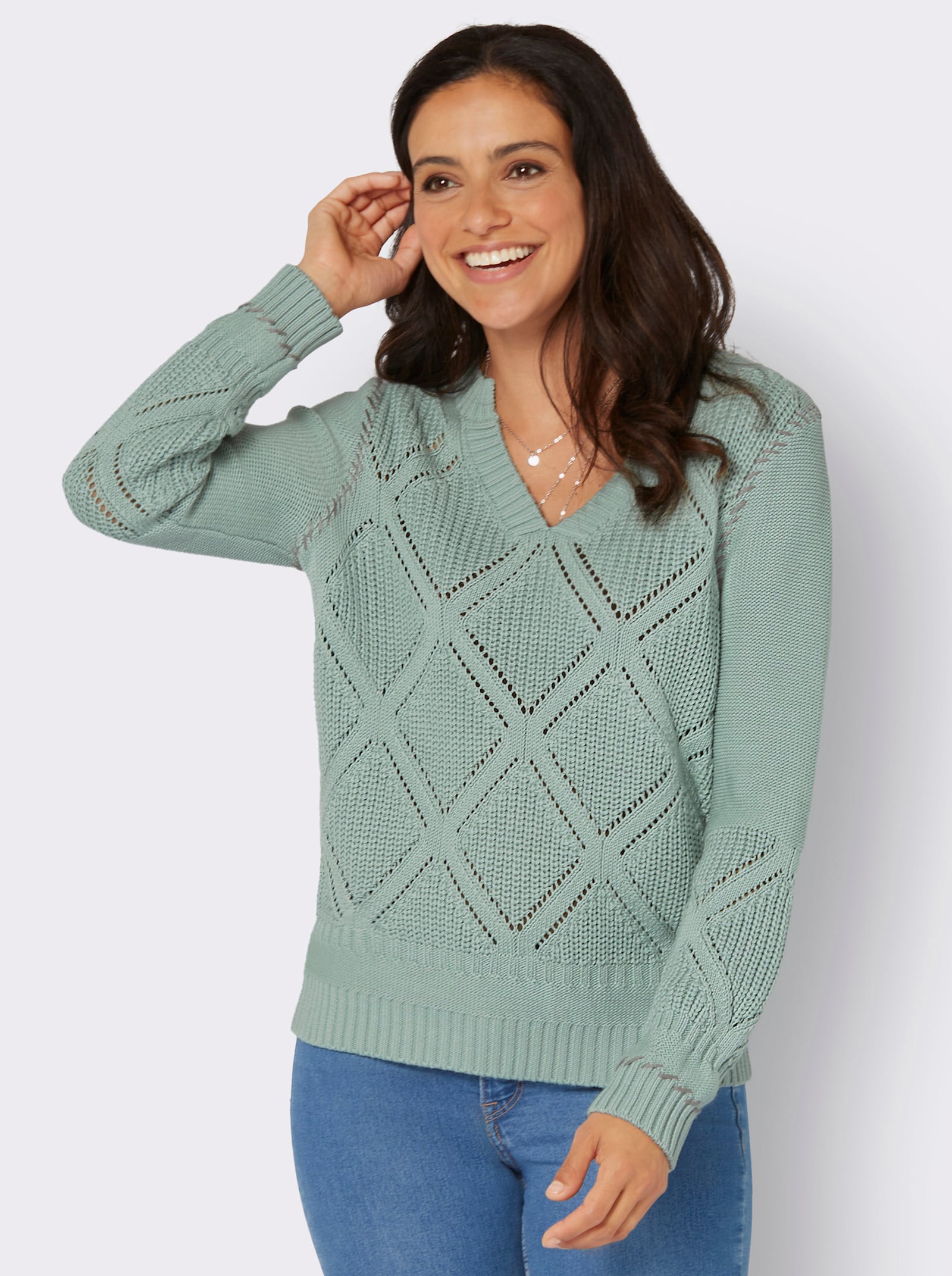 Ajourpullover met contrasterende siernaden - kalkmint