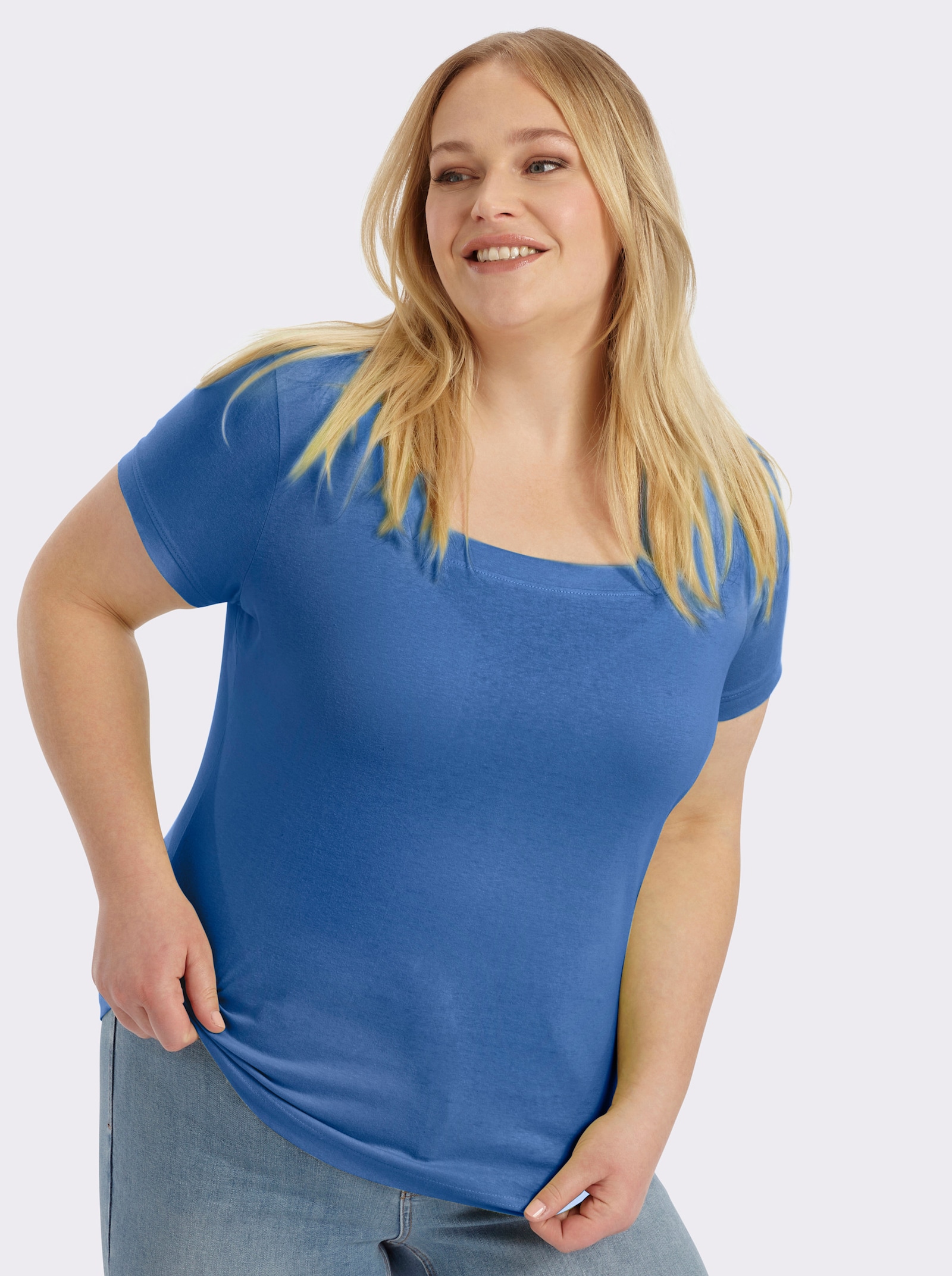 Kurzarmshirt mit Karree-Ausschnitt - blau